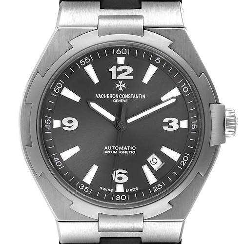 This image shows a frontal view of the Vacheron Constantin Overseas 47040 Men's Stainless Steel Grey Dial watch, displaying its dial, bezel, and part of the strap.