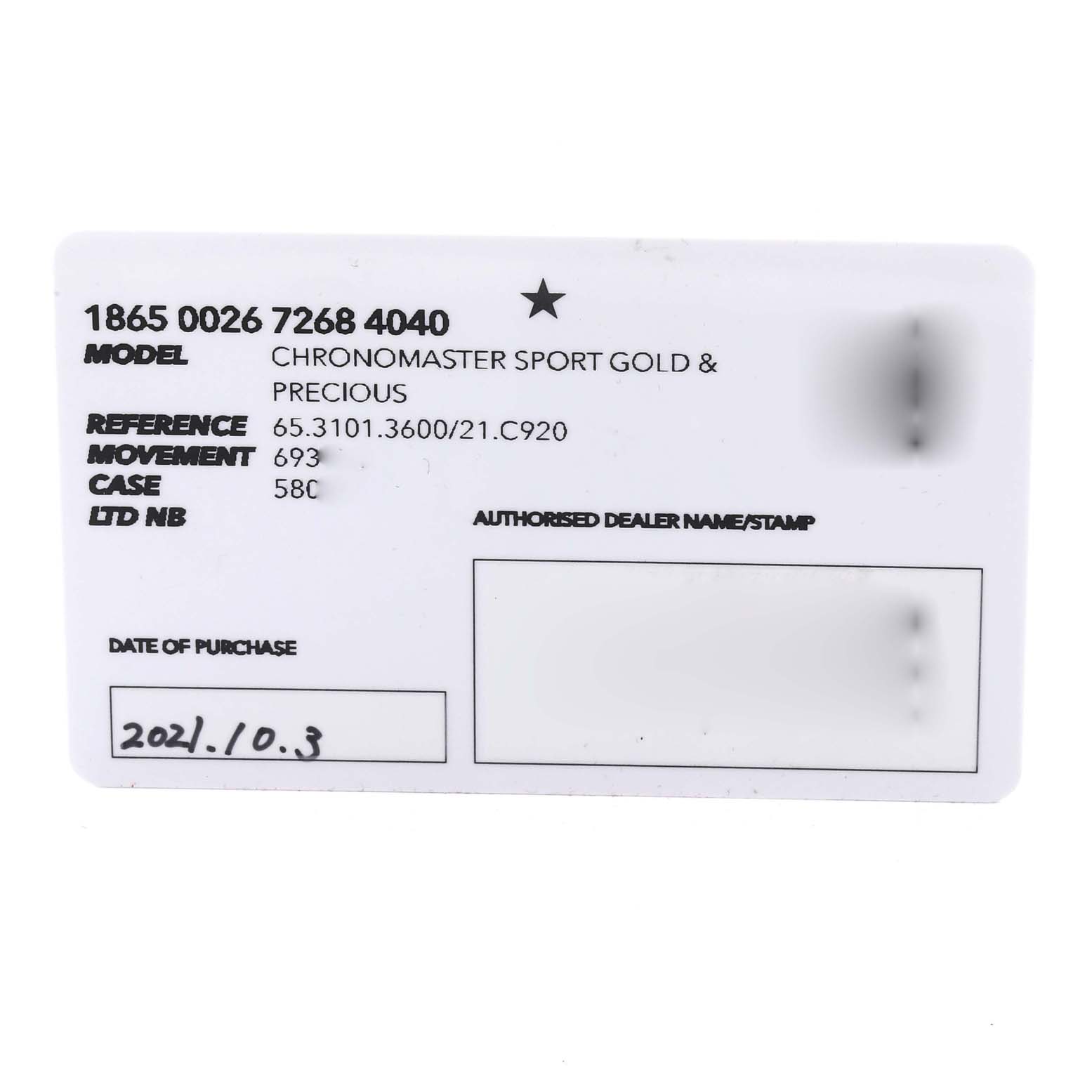 The image shows a Zenith Chronomaster 65.3101.3600/21.C920 Men's White Gold Black Dial 65.3101.3600/21.C920 Men's White Gold Black Dial model warranty card, displaying model details and the date of purchase.