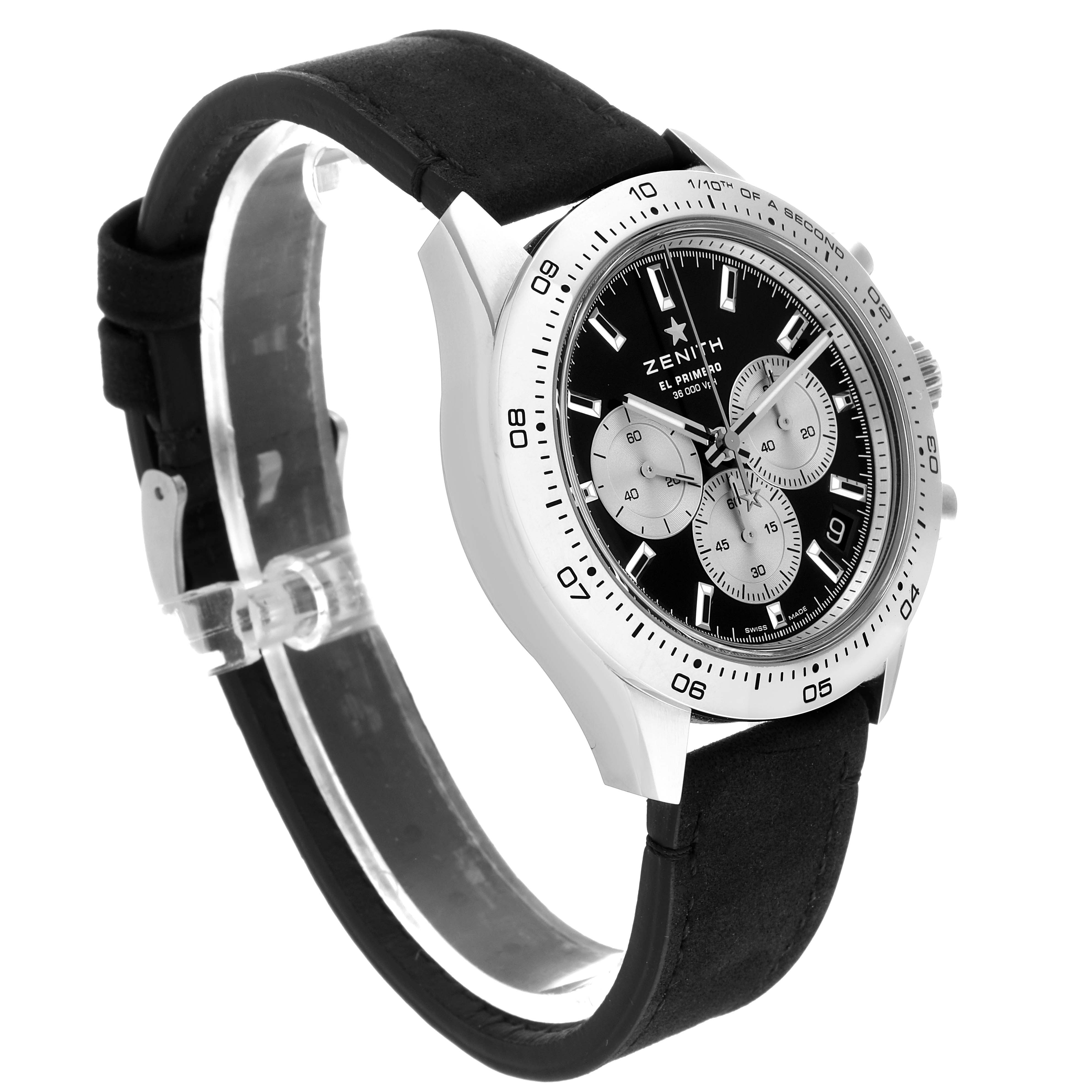 The Zenith Chronomaster 65.3101.3600/21.C920 Men's White Gold Black Dial 65.3101.3600/21.C920 Men's White Gold Black Dial watch is shown at a slight angle, displaying the face, case, and strap.