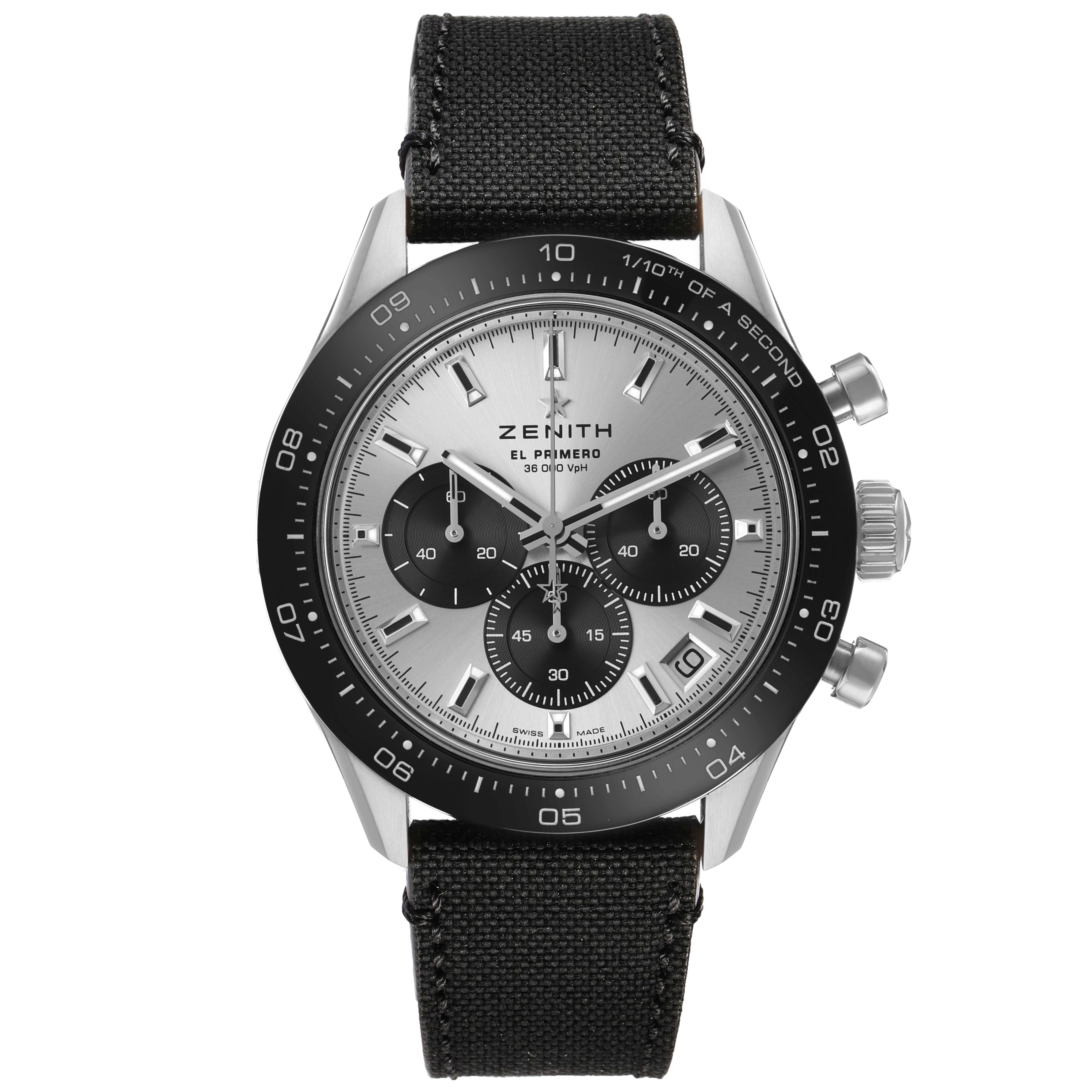 The Zenith Chronomaster 65.3102.3600/01.C920 Men's White Gold Silver Dial watch is shown from a front angle, displaying the face, bezel, buttons, and strap.