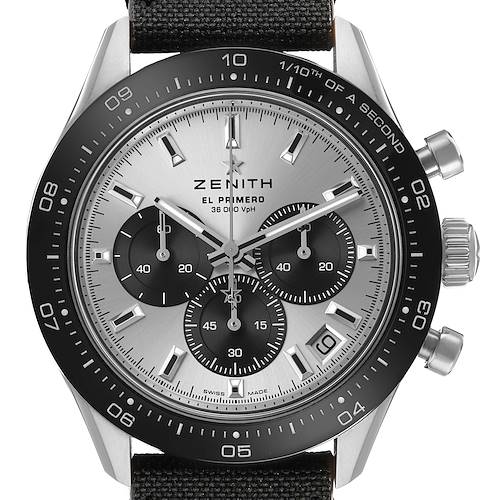 The Zenith Chronomaster 65.3102.3600/01.C920 Men's White Gold Silver Dial watch is shown from the front, highlighting the dial, subdials, bezel, and pushers.