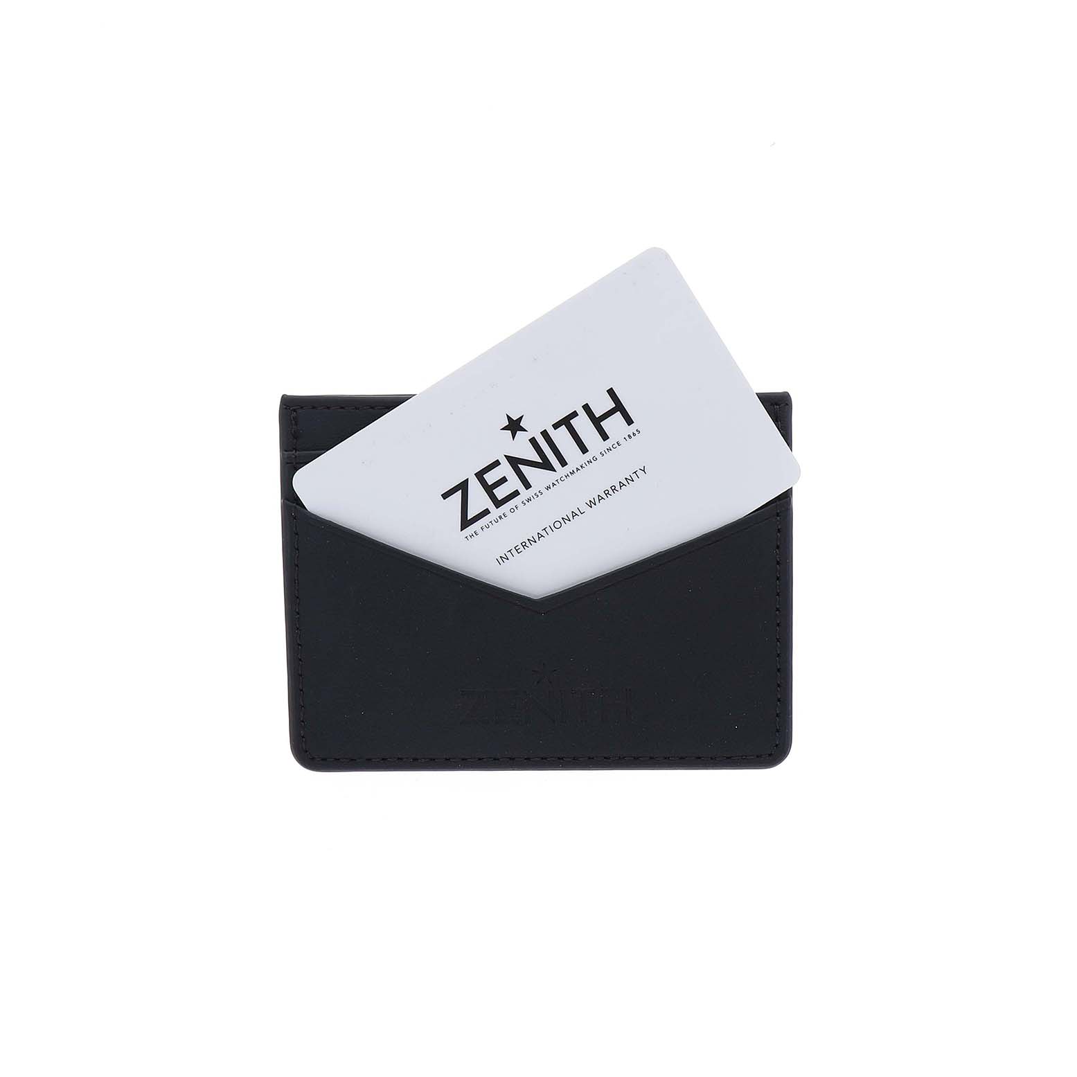 The image shows a Zenith International Warranty card partially inside a black card holder.
