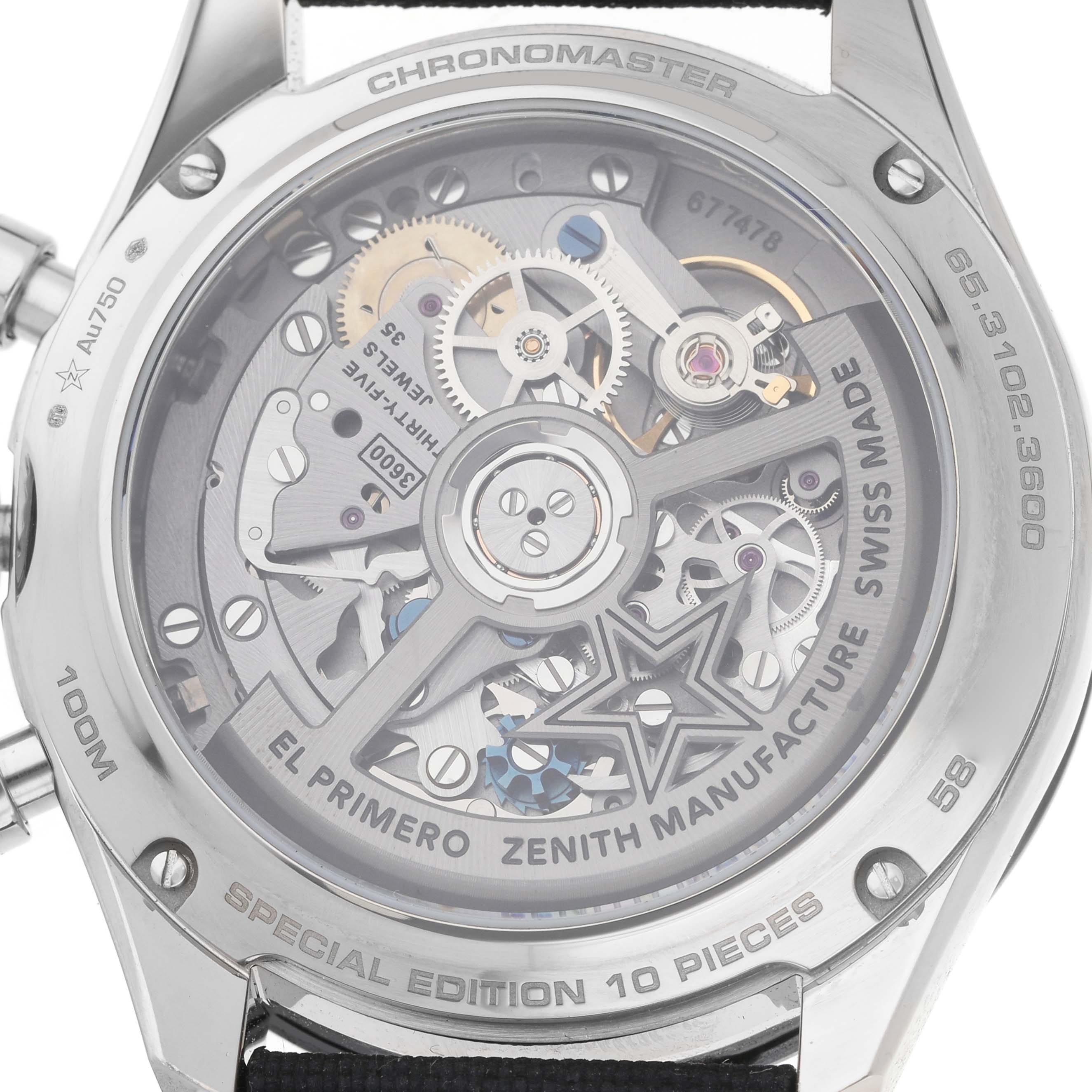 The image shows the back view of a Zenith Chronomaster 65.3102.3600/01.C920 Men's White Gold Silver Dial, highlighting the mechanical movement and intricate details.