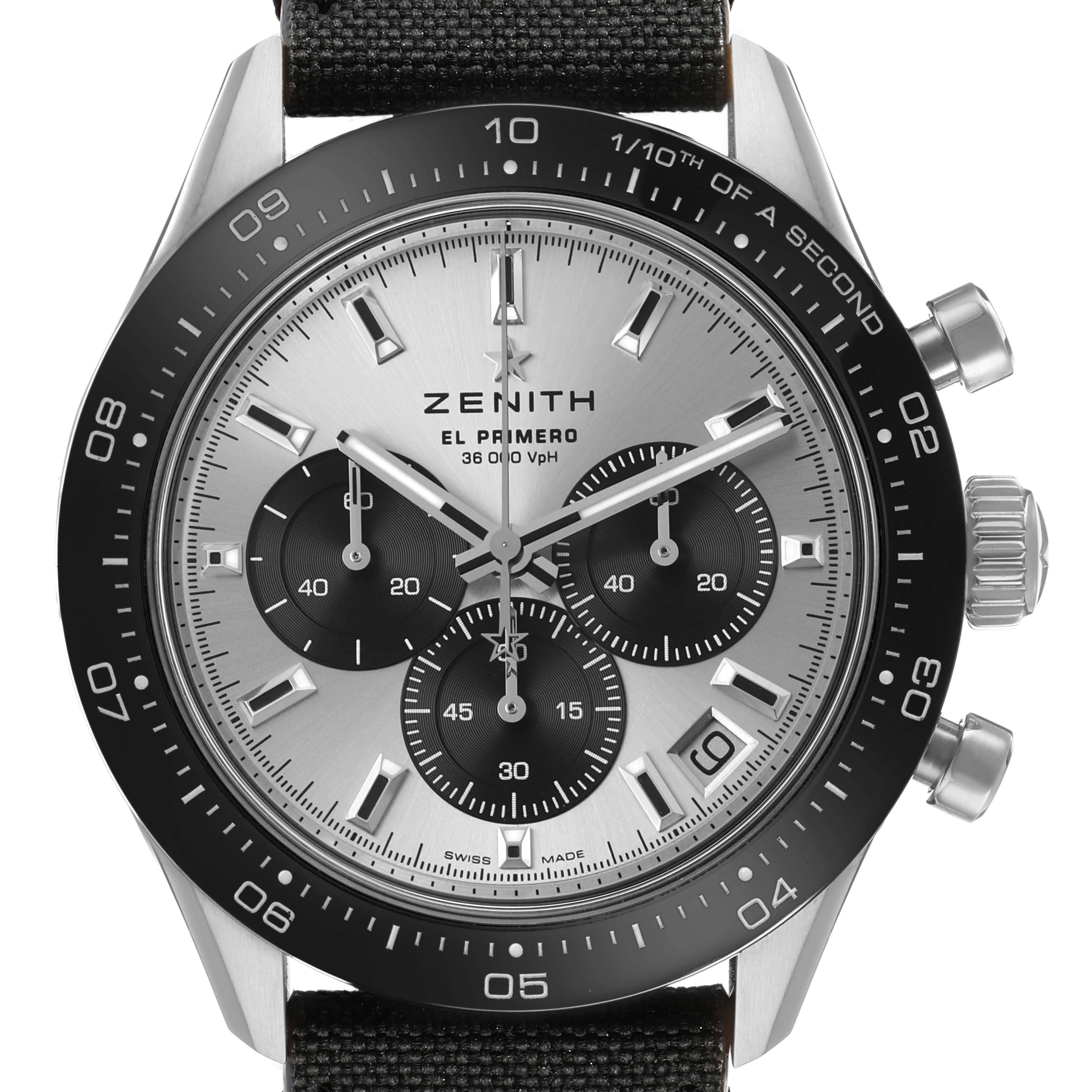 The Zenith Chronomaster 65.3102.3600/01.C920 Men's White Gold Silver Dial watch is shown from the front, displaying the bezel, dial, chronograph subdials, and crown.