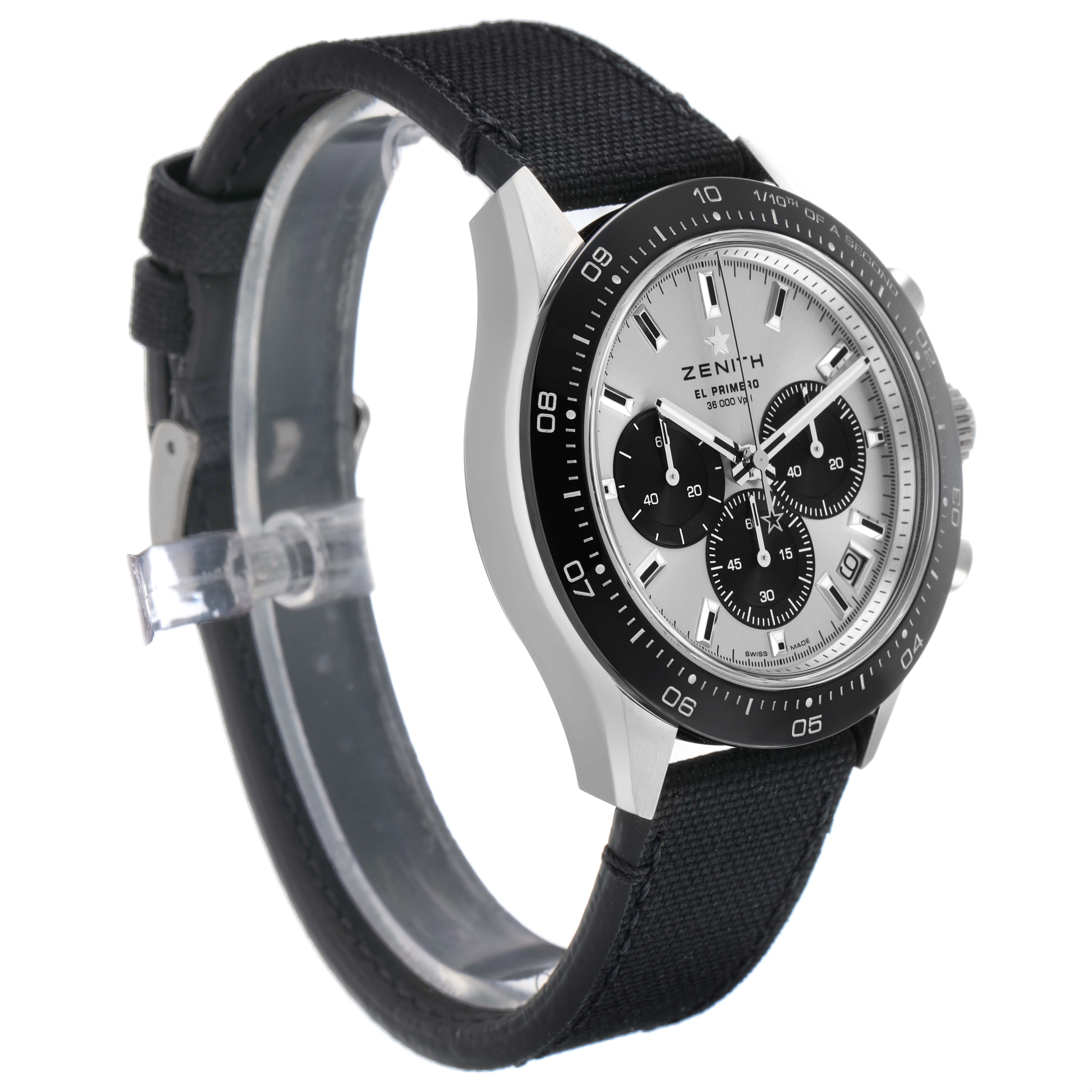 The Zenith Chronomaster 65.3102.3600/01.C920 Men's White Gold Silver Dial watch is shown at an angled side view, highlighting its face, bezel, and strap.