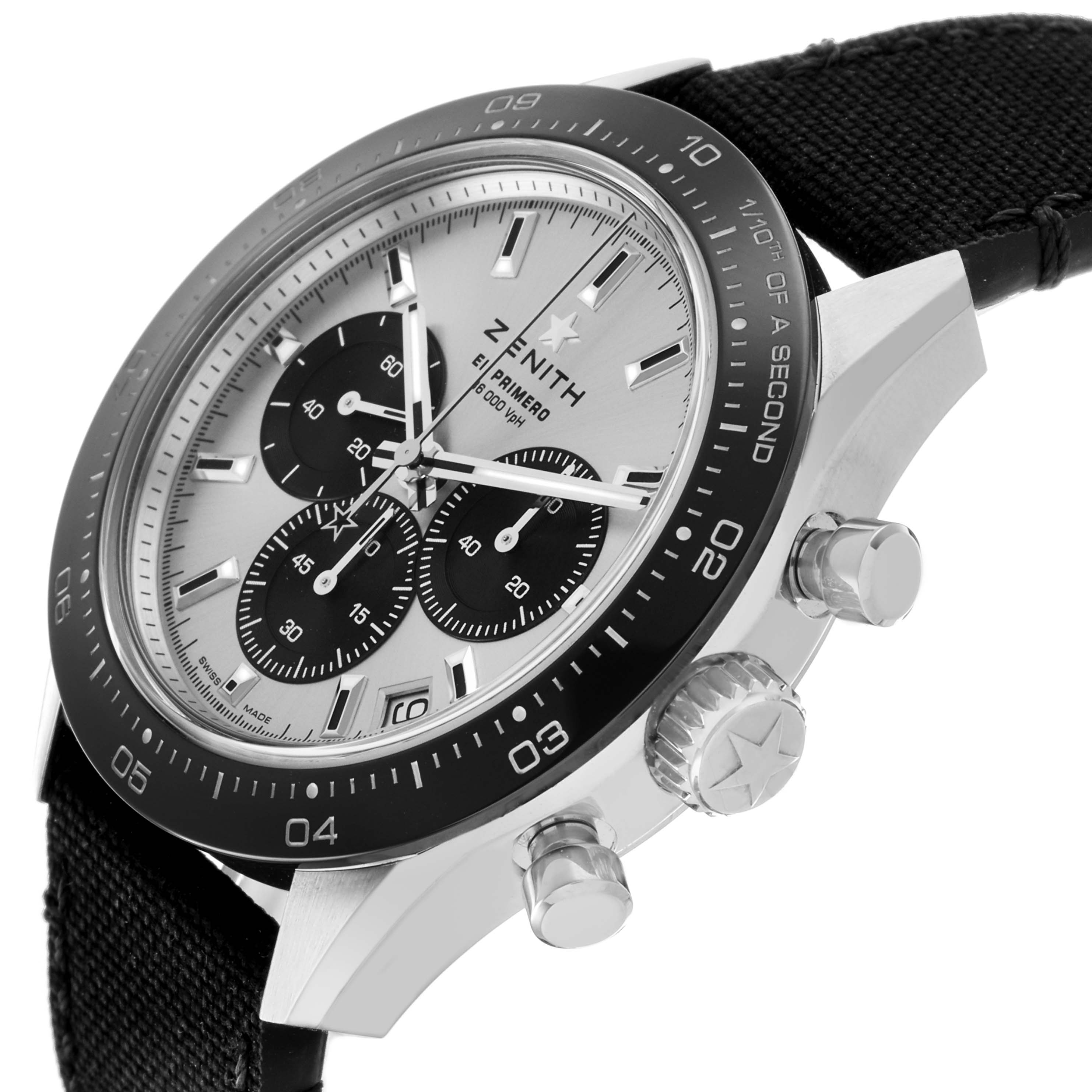 The Zenith Chronomaster 65.3102.3600/01.C920 Men's White Gold Silver Dial watch is shown from a three-quarter angle highlighting the bezel, crown, pushers, and sub-dials.