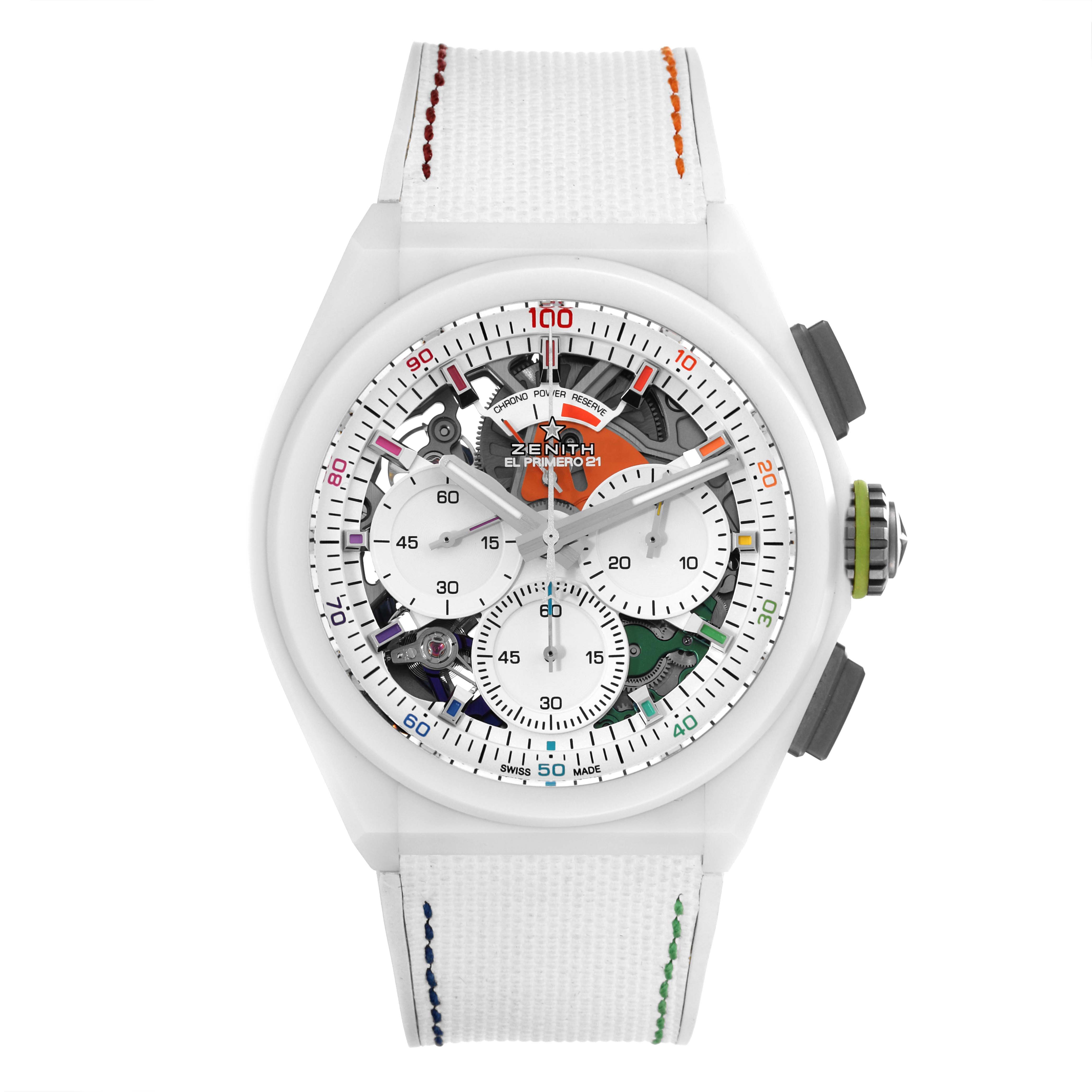 The image shows a front view of the Zenith Defy 49.9010.9004/01.R947 Men's Ceramic White Dial 49.9010.9004/01.R947 Men's Ceramic White Dial watch, highlighting its dial, subdials, and strap.