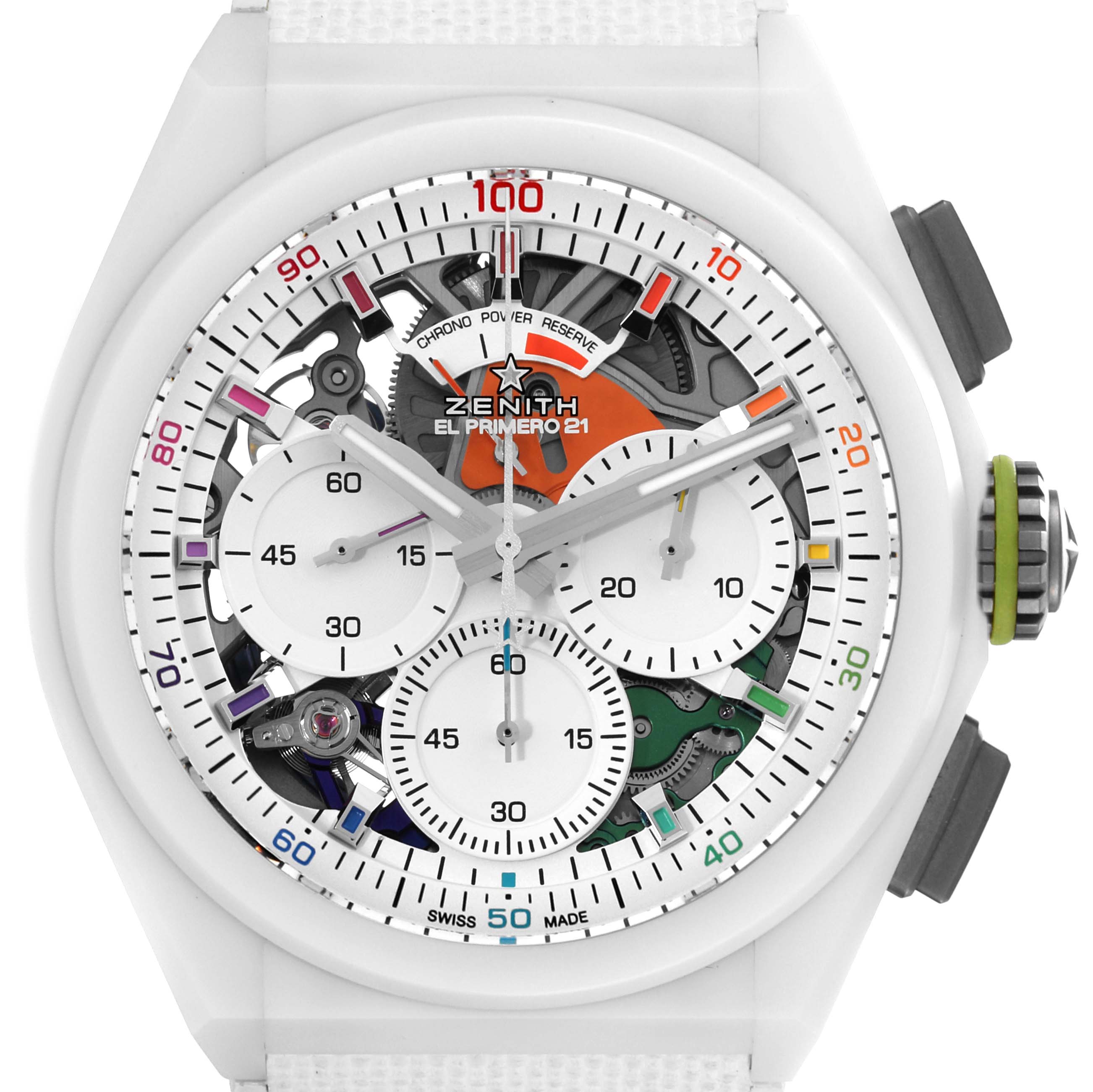 The image shows a front view of a Zenith Defy 49.9010.9004/01.R947 Men's Ceramic White Dial 49.9010.9004/01.R947 Men's Ceramic White Dial El Primero 21 watch, highlighting its detailed dial and multiple subdials.