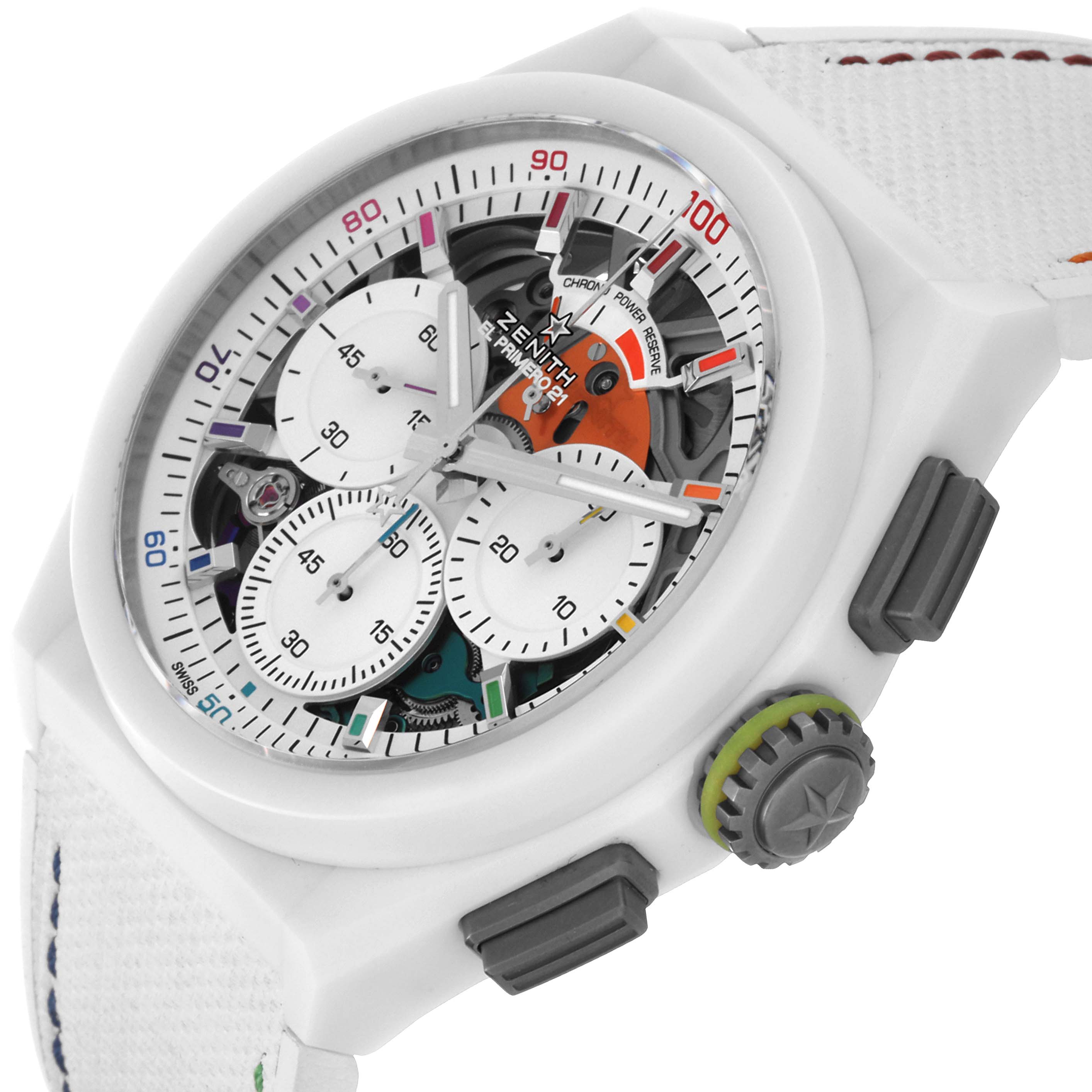 The image shows a close-up of the face and side buttons of a Zenith Defy 49.9010.9004/01.R947 Men's Ceramic White Dial 49.9010.9004/01.R947 Men's Ceramic White Dial watch at a slight angle.