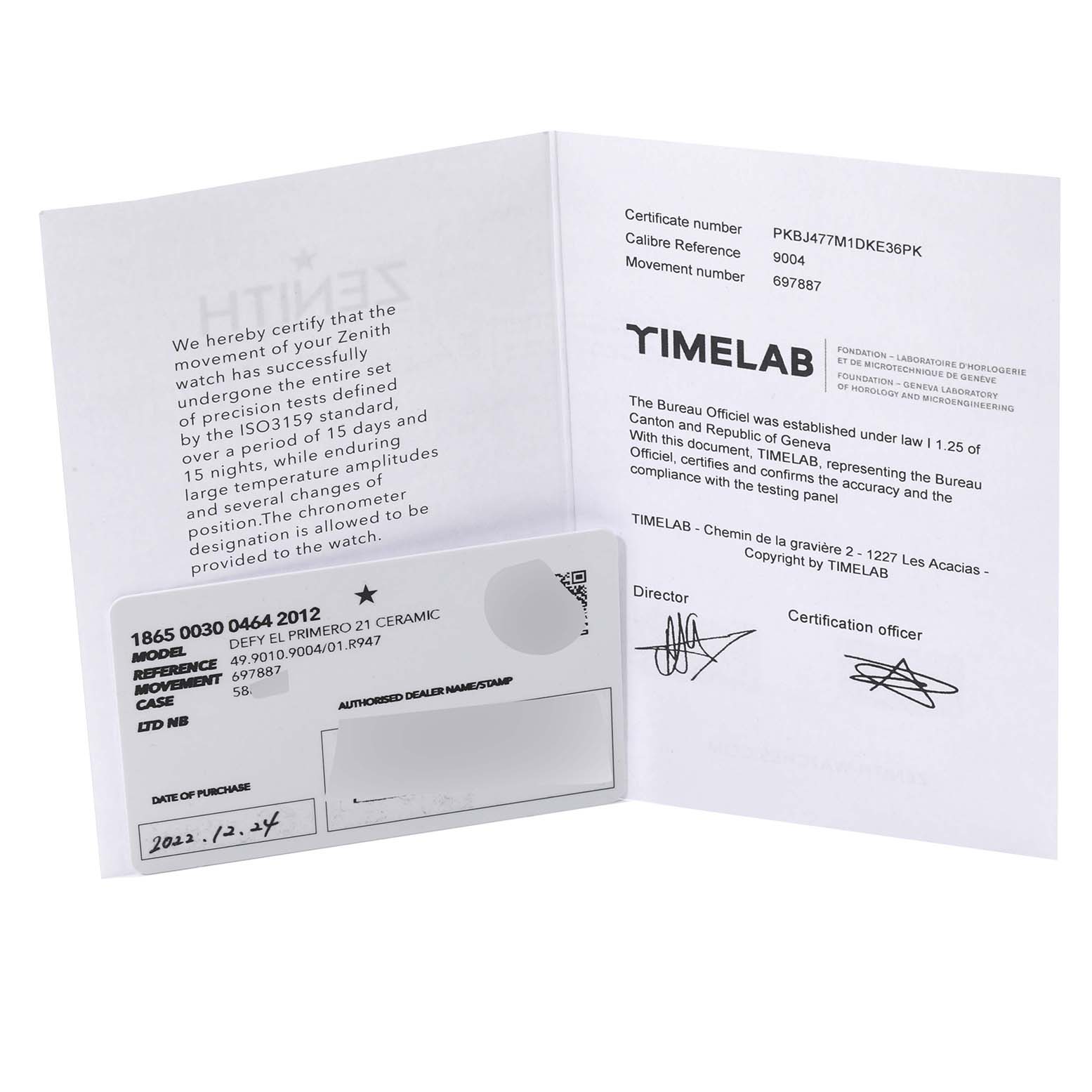 The image shows certification and warranty documents for a Zenith Defy 49.9010.9004/01.R947 Men's Ceramic White Dial 49.9010.9004/01.R947 Men's Ceramic White Dial El Primero 21 Ceramic, including the model, reference, and movement details.