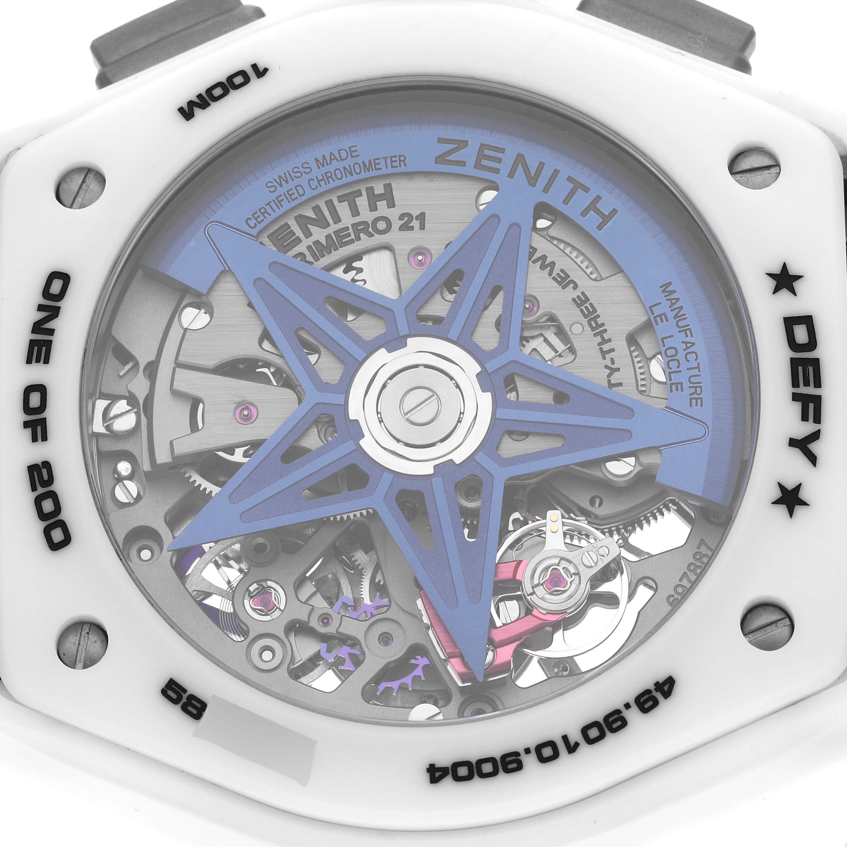 This image shows the back view of the Zenith Defy 49.9010.9004/01.R947 Men's Ceramic White Dial 49.9010.9004/01.R947 Men's Ceramic White Dial watch with visible mechanical parts and inscriptions.