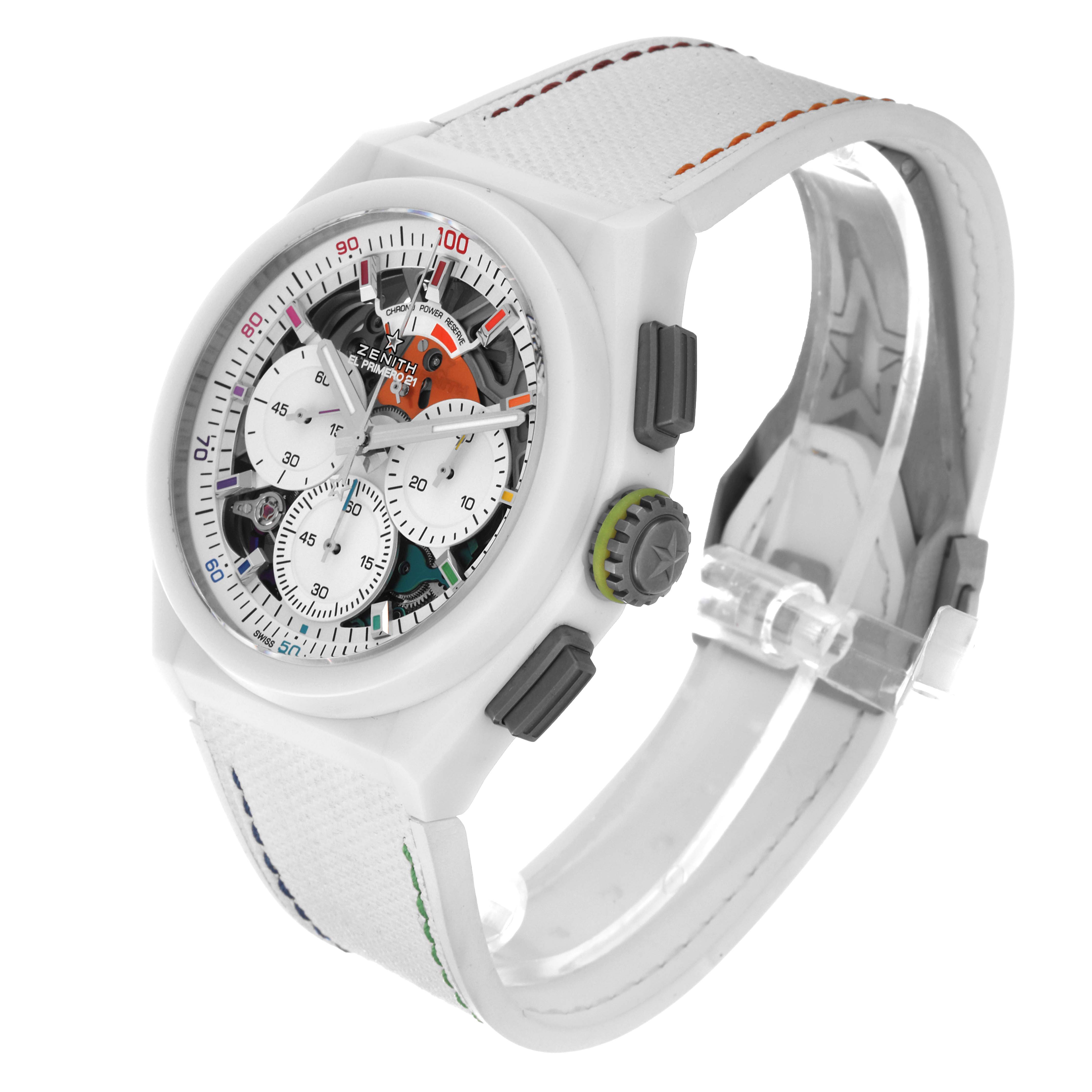 This image shows a side view of a Zenith Defy 49.9010.9004/01.R947 Men's Ceramic White Dial 49.9010.9004/01.R947 Men's Ceramic White Dial watch, highlighting the dial, case, crown, and strap.