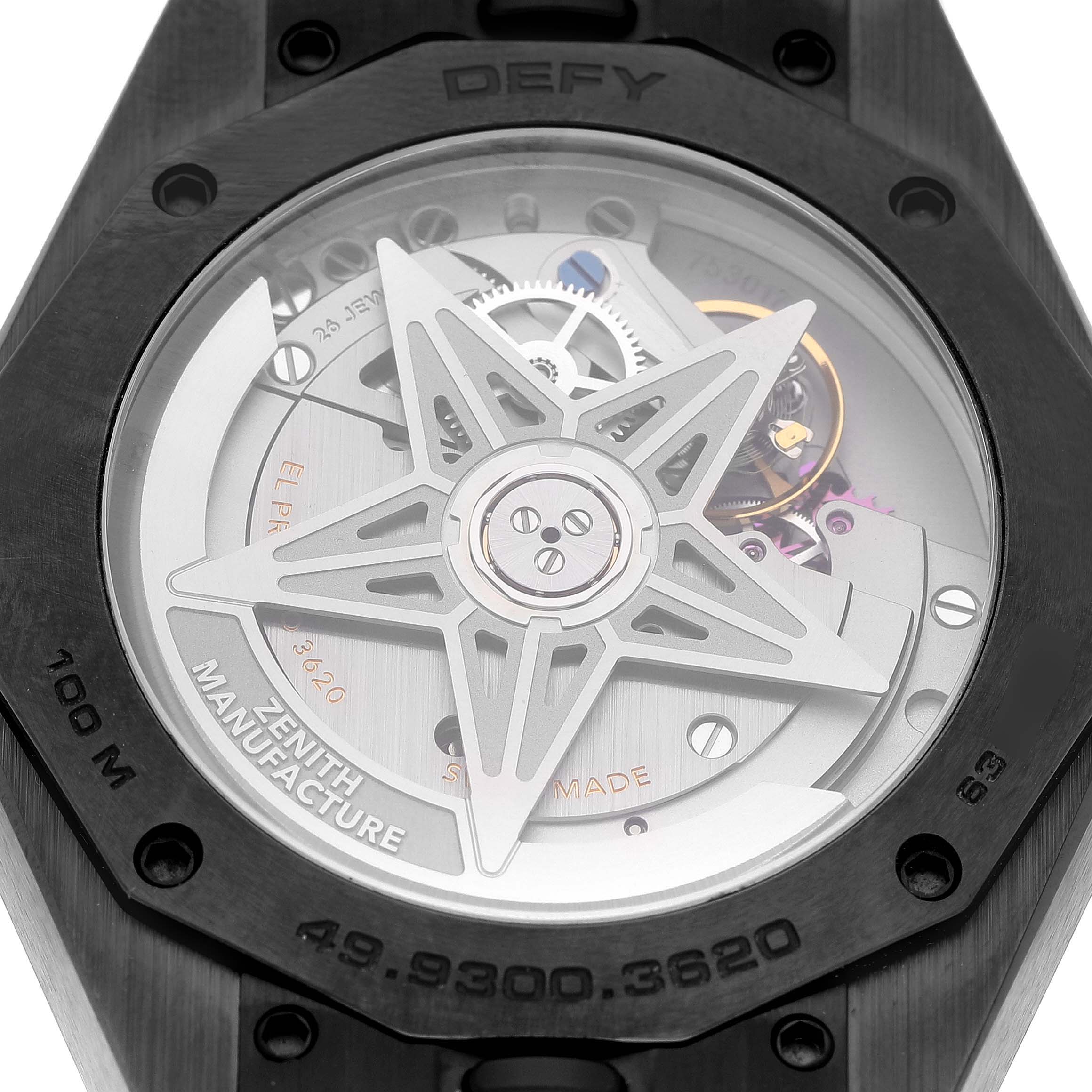 The image shows the back of the Zenith Defy Skyline Black Ceramic Black Dial Men's Watch 49.9300.3620, highlighting its movement and star-shaped rotor.
