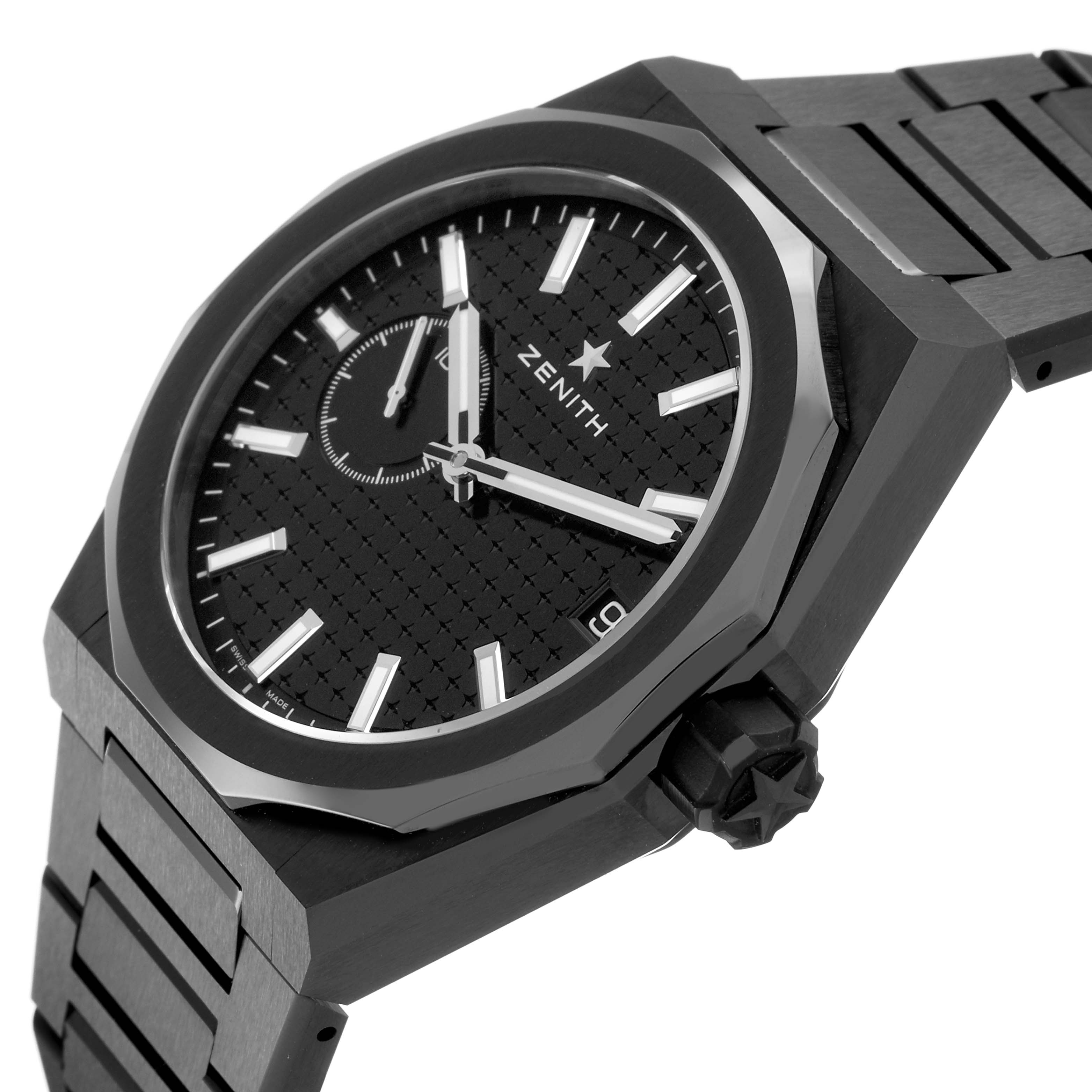 The Zenith Defy Skyline Black Ceramic watch is shown at a three-quarter angle, highlighting the dial, bezel, and bracelet.