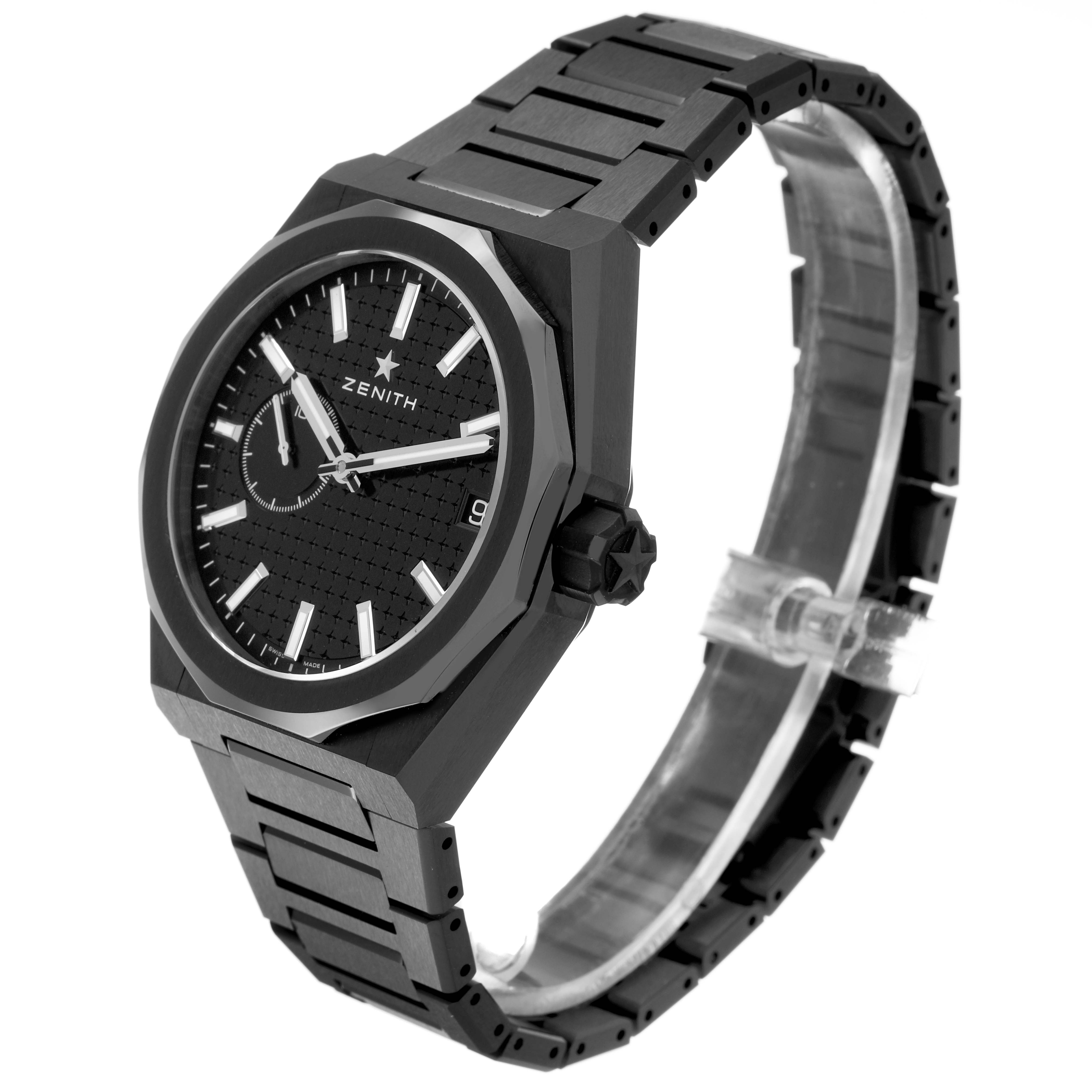 The Zenith Defy Skyline Black Ceramic watch is shown from a three-quarter angle, highlighting the case, dial, and bracelet.