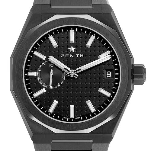 The Zenith Defy Skyline Black Ceramic Black Dial by Waldan 49.9300.3620 Men's Ceramic Black Dial is shown from a front view, highlighting the dial, hands, indices, and crown.
