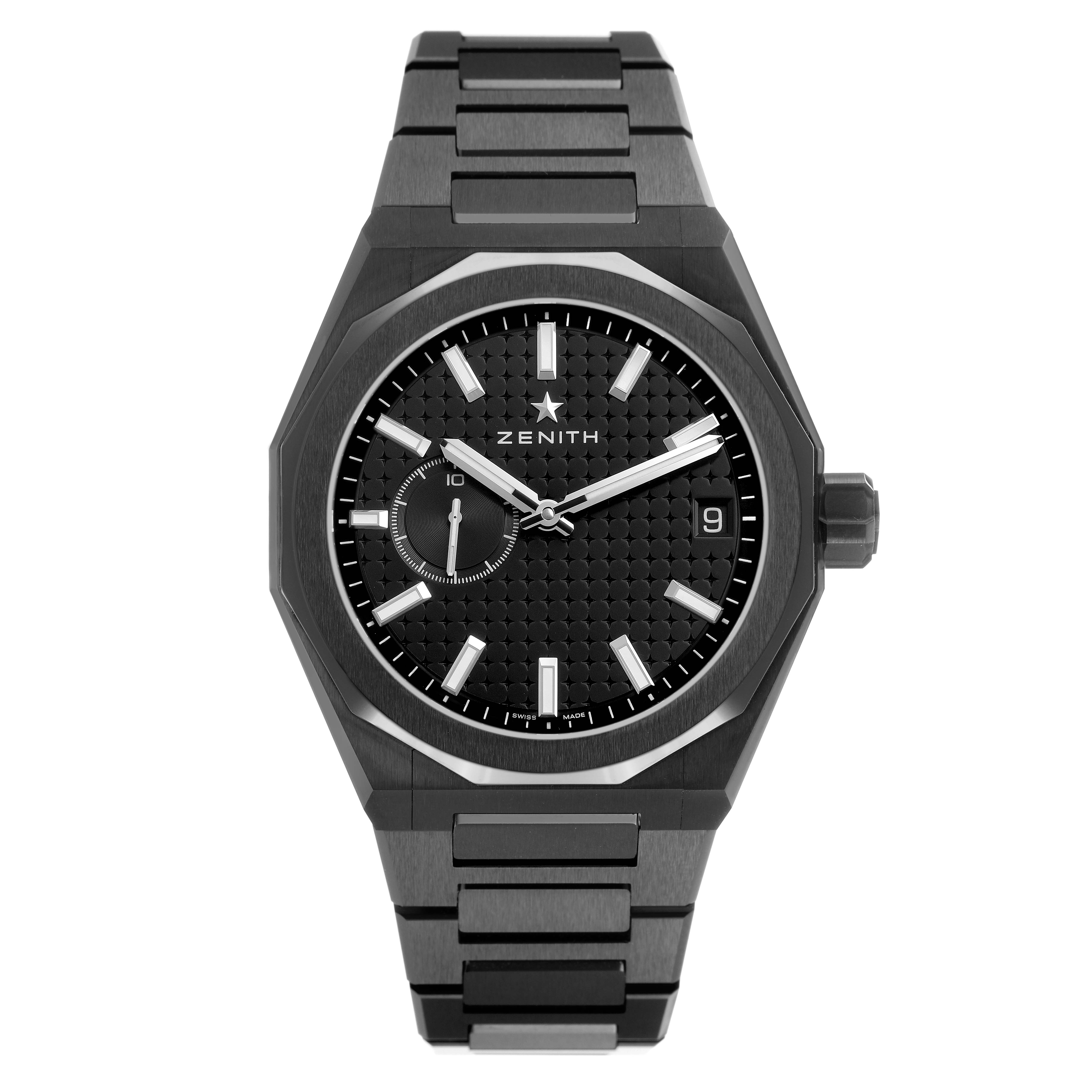 The Zenith Defy Skyline Black Ceramic watch is shown from a top view, highlighting the black dial, hands, and bracelet.