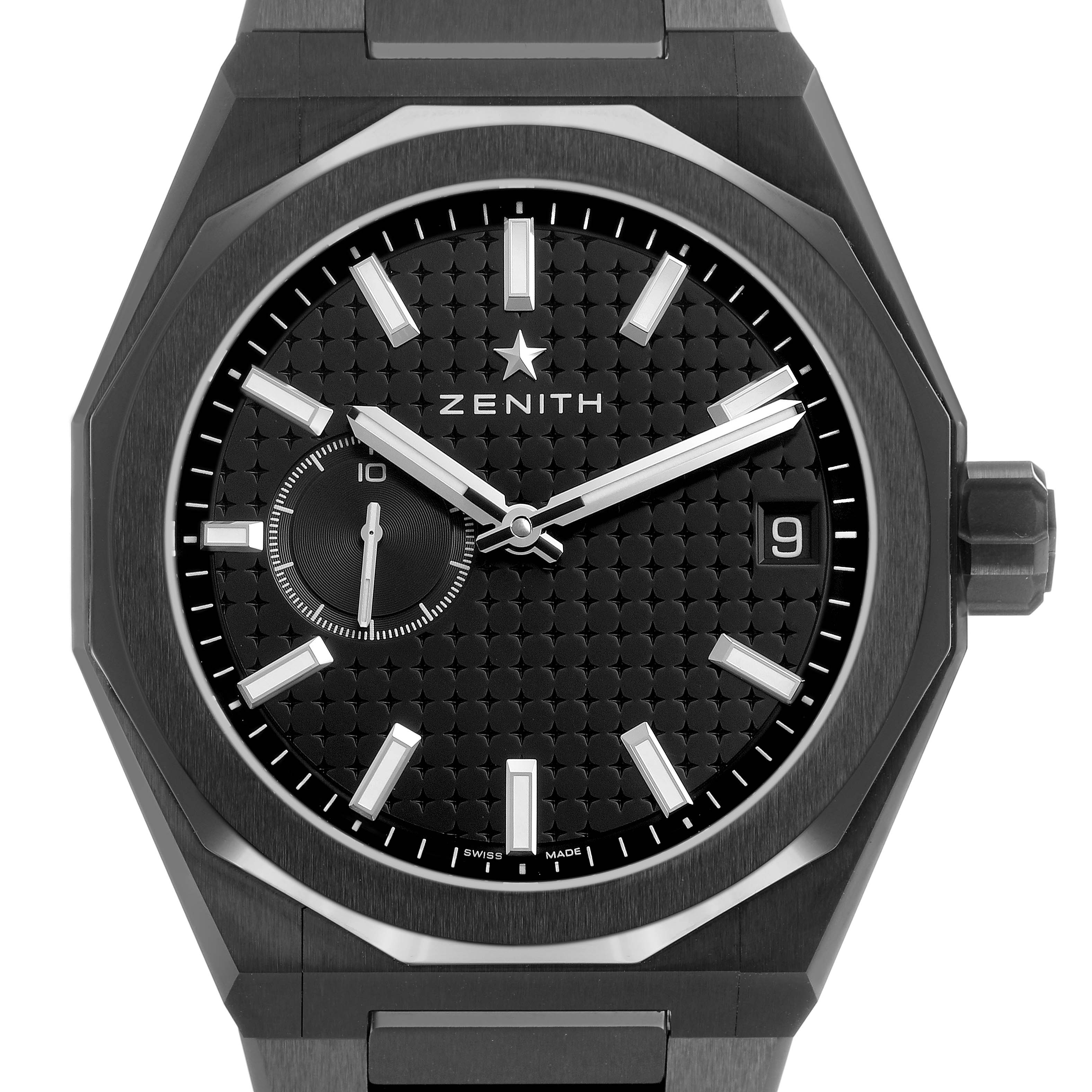 The Zenith Defy Skyline Black Ceramic watch is shown from the front, highlighting its black dial and markers.