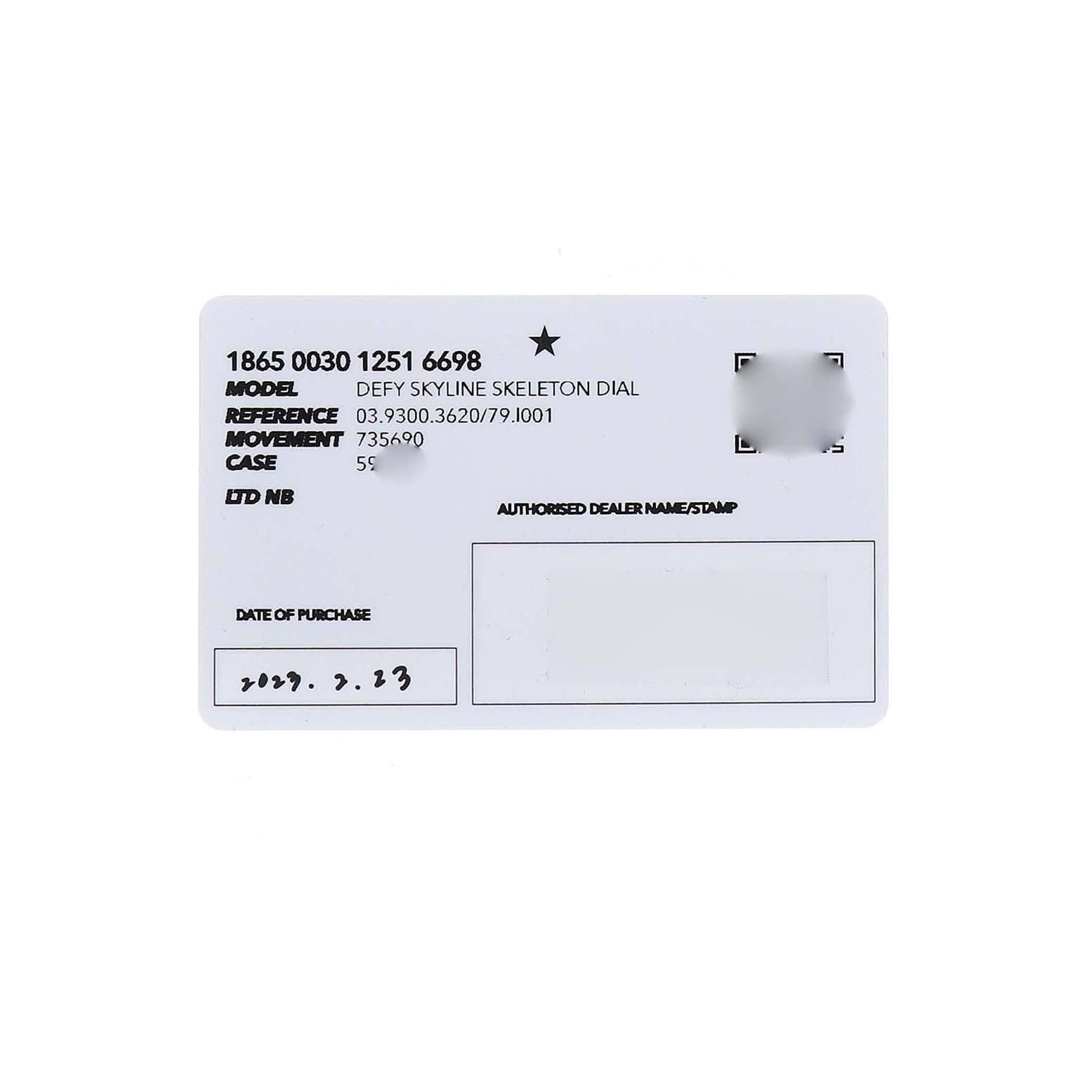 The image shows a warranty card for a Zenith Defy 03.9300.3620 / 79.I001 Men's Stainless Steel Blue Dial Skyline Skeleton Dial watch, displaying purchase details and reference numbers.