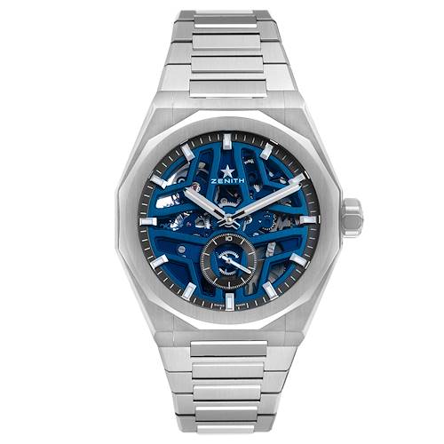 The Zenith Defy 03.9300.3620 / 79.I001 Men's Stainless Steel Blue Dial watch is shown from a front angle, highlighting its skeleton dial and integrated bracelet.