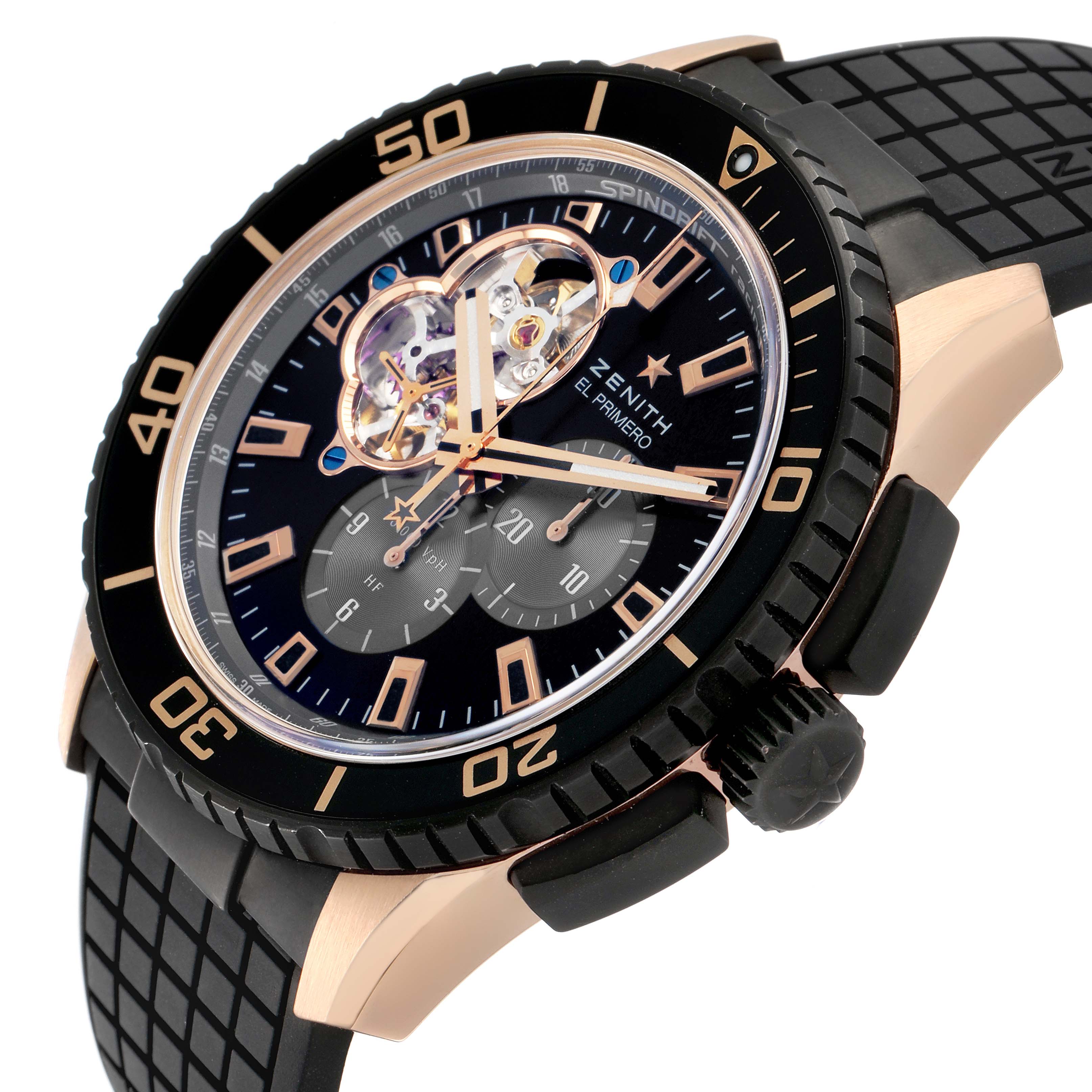 The Zenith El Primero 86.2060.4061/21.R573 Men's Rose Gold Black Dial watch is shown at a three-quarter angle, highlighting its bezel, crown, open-heart dial, and rubber strap.