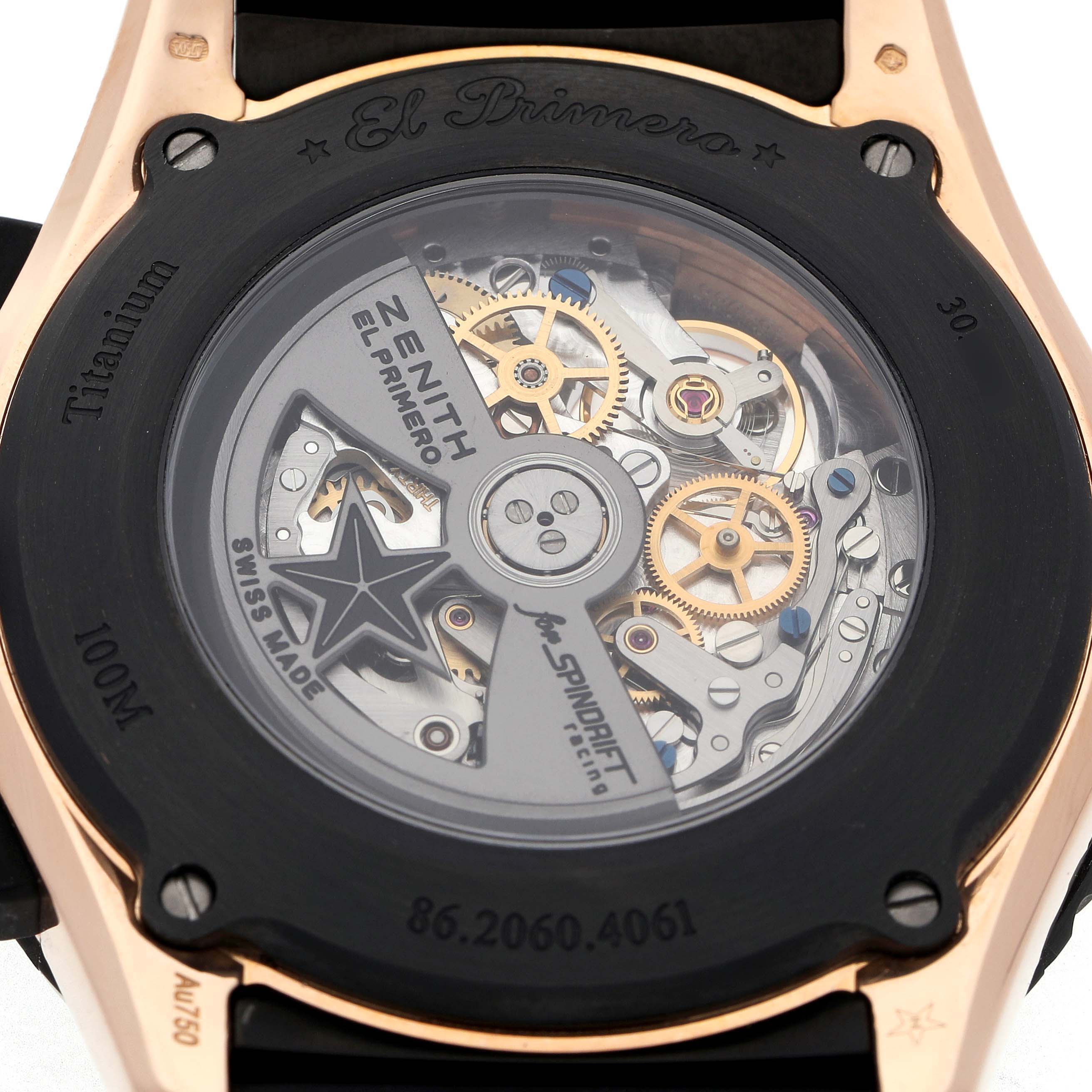 The image shows the back of a Zenith El Primero 86.2060.4061/21.R573 Men's Rose Gold Black Dial watch, highlighting its intricate movement and inner components.