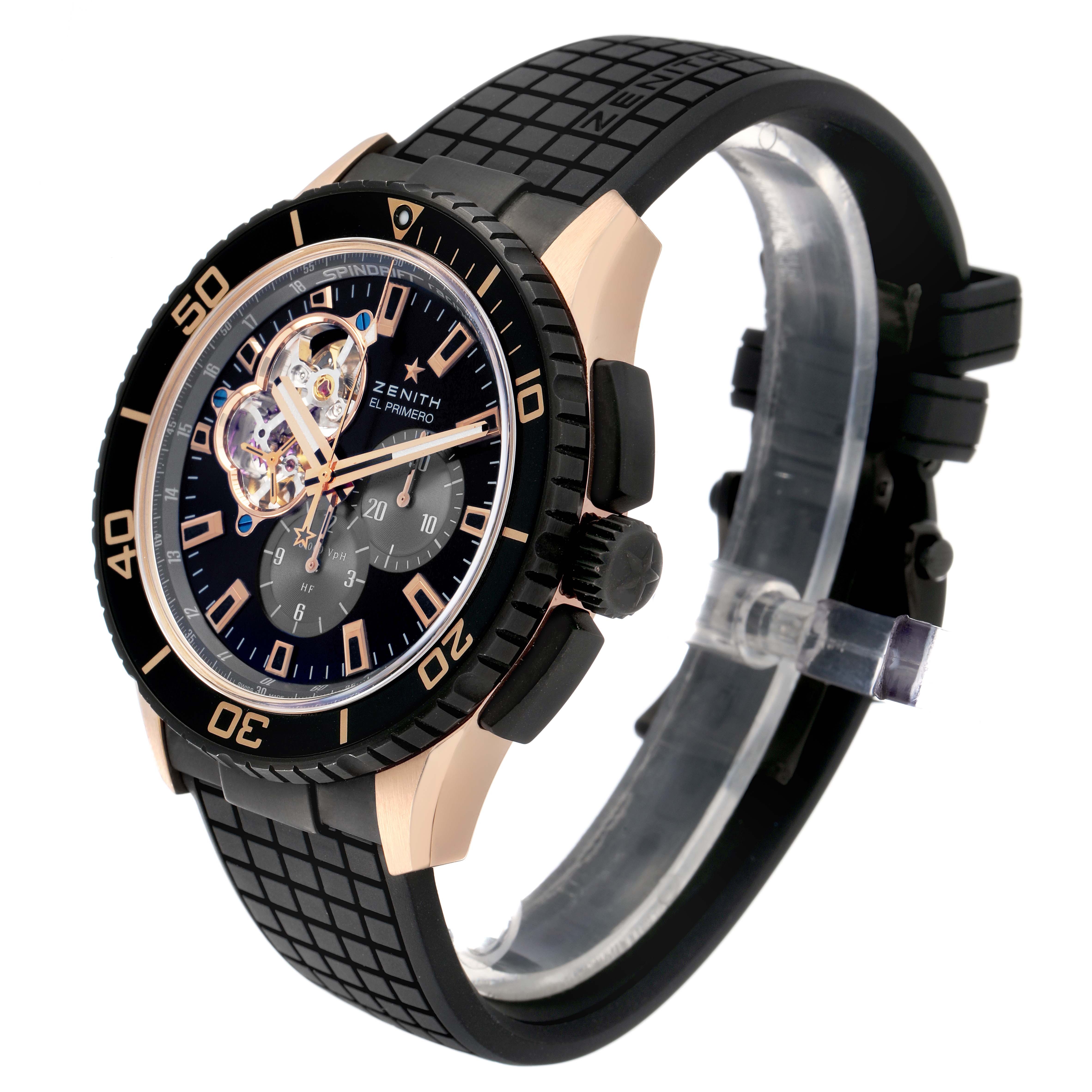 The Zenith El Primero 86.2060.4061/21.R573 Men's Rose Gold Black Dial watch is shown at a side angle, displaying the face, bezel, crown, and partially visible strap.