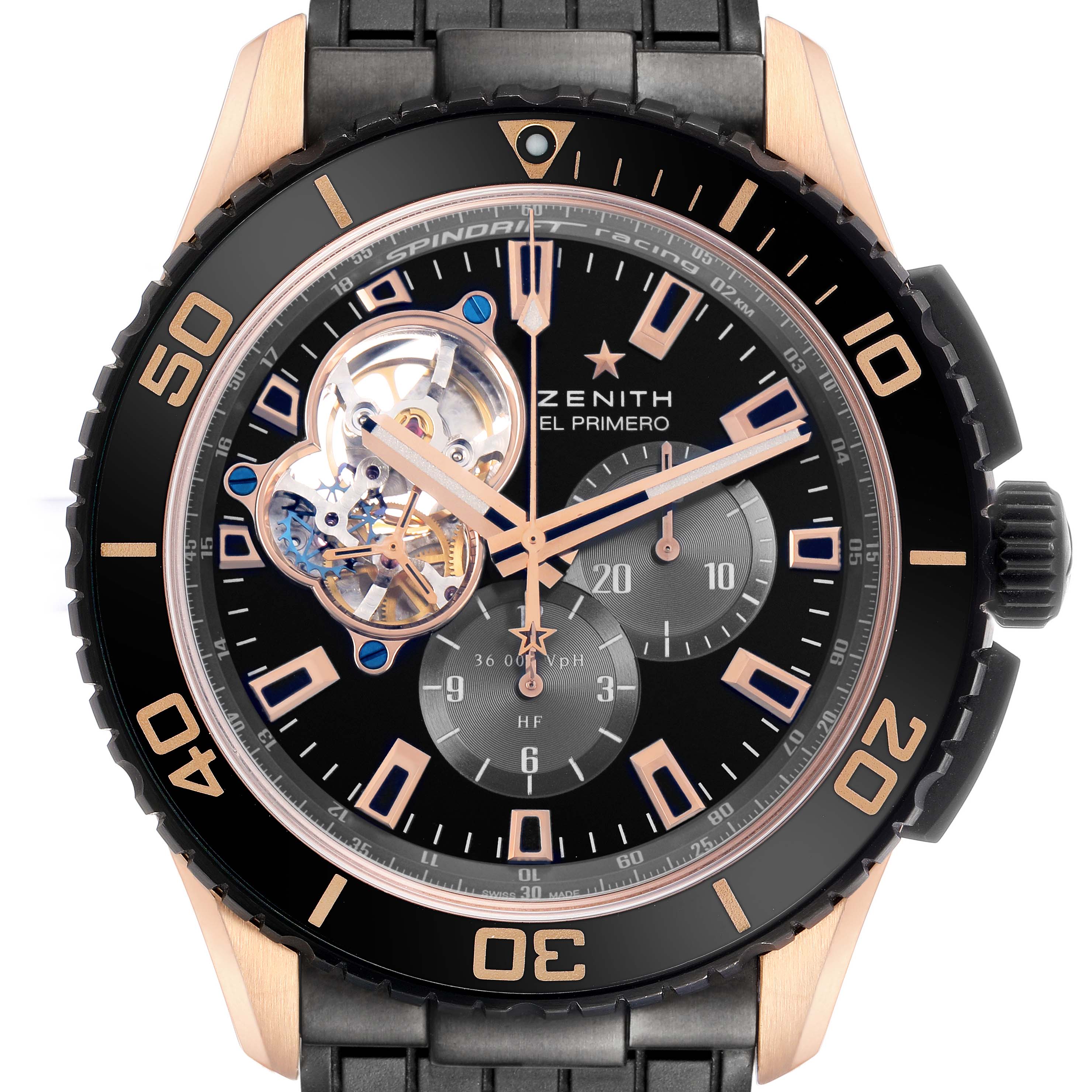 The Zenith El Primero 86.2060.4061/21.R573 Men's Rose Gold Black Dial watch is shown from the front, displaying the dial, open-heart feature, and chronograph sub-dials.