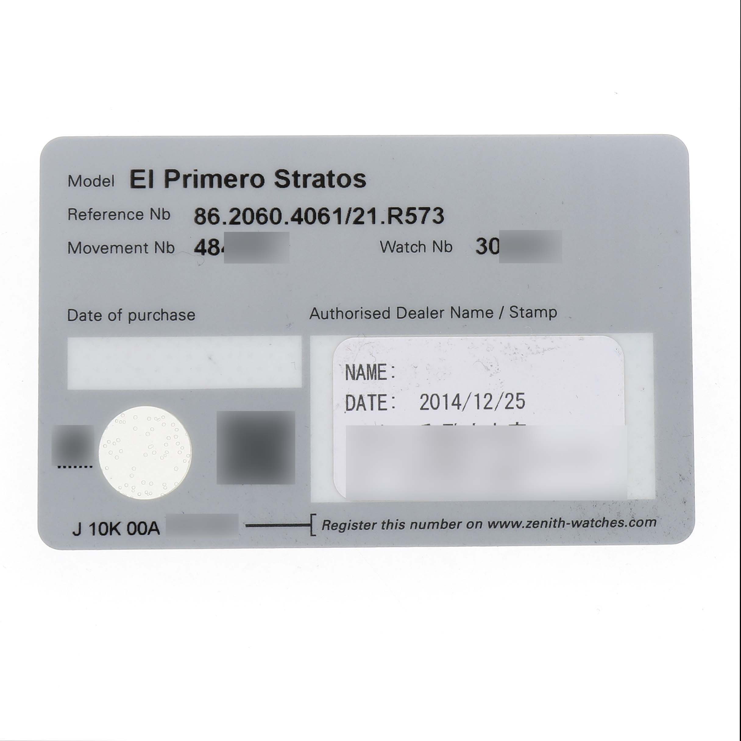 The image shows a warranty card for the Zenith El Primero 86.2060.4061/21.R573 Men's Rose Gold Black Dial Stratos watch model, featuring reference and movement numbers.