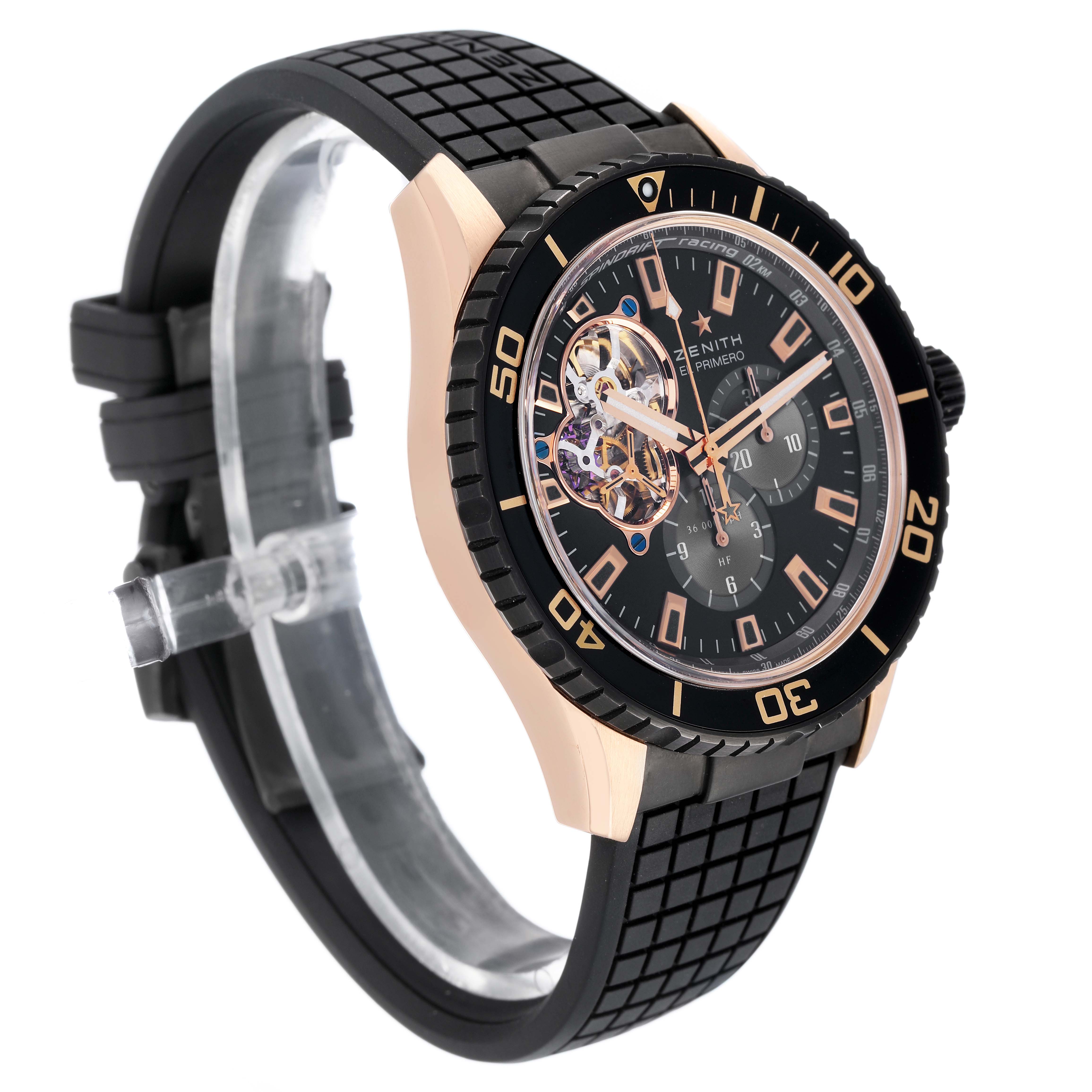 The Zenith El Primero 86.2060.4061/21.R573 Men's Rose Gold Black Dial watch is shown at an angled side view, highlighting the bezel, dial, and strap.