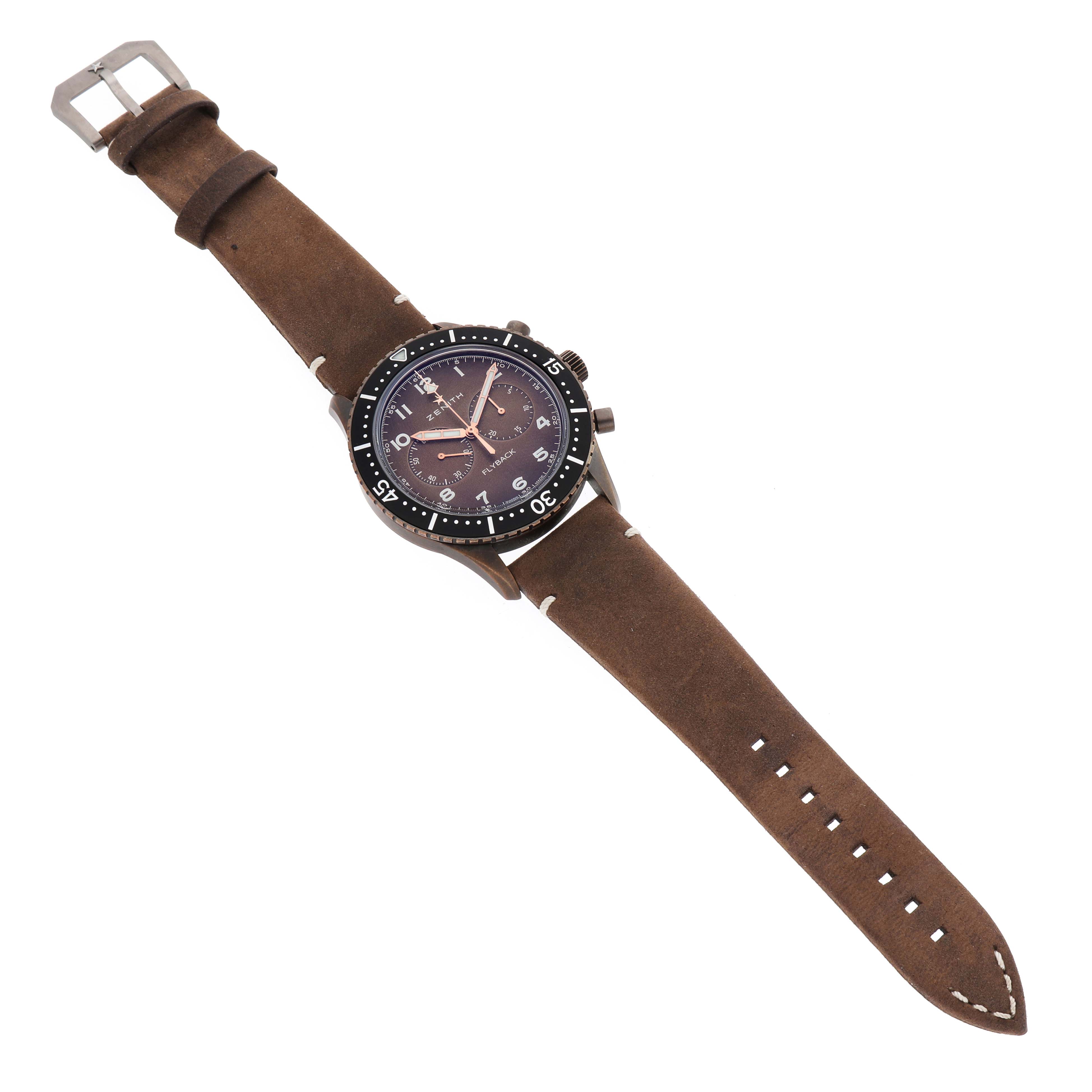 The Zenith Pilot 29.2240.405 Men's Bronze Brown Dial watch is shown from a top-down angle, displaying the face, bezel, hands, and brown leather strap.