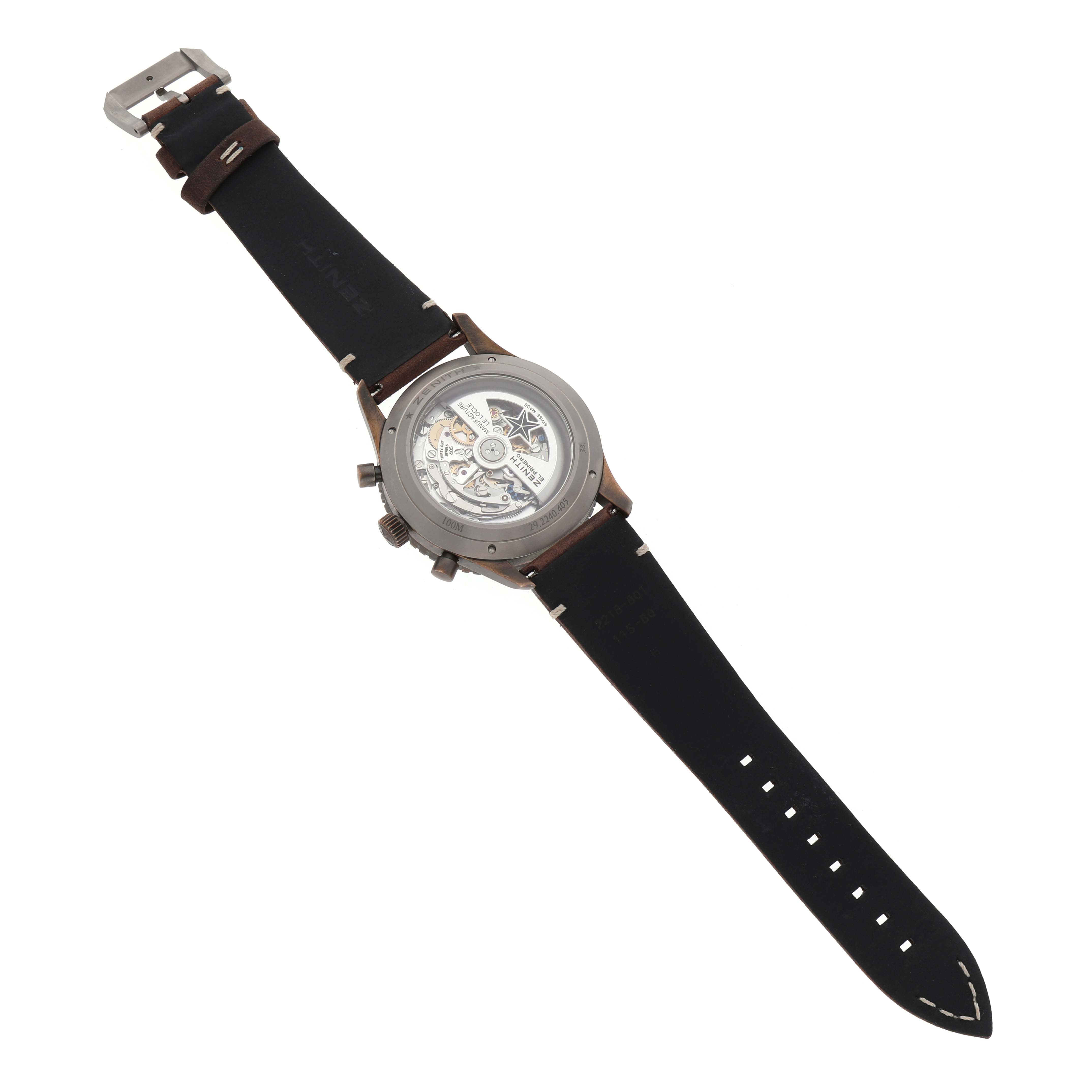 The Zenith Pilot 29.2240.405 Men's Bronze Brown Dial watch is shown from the back, displaying its open case back and movement details with a leather strap.