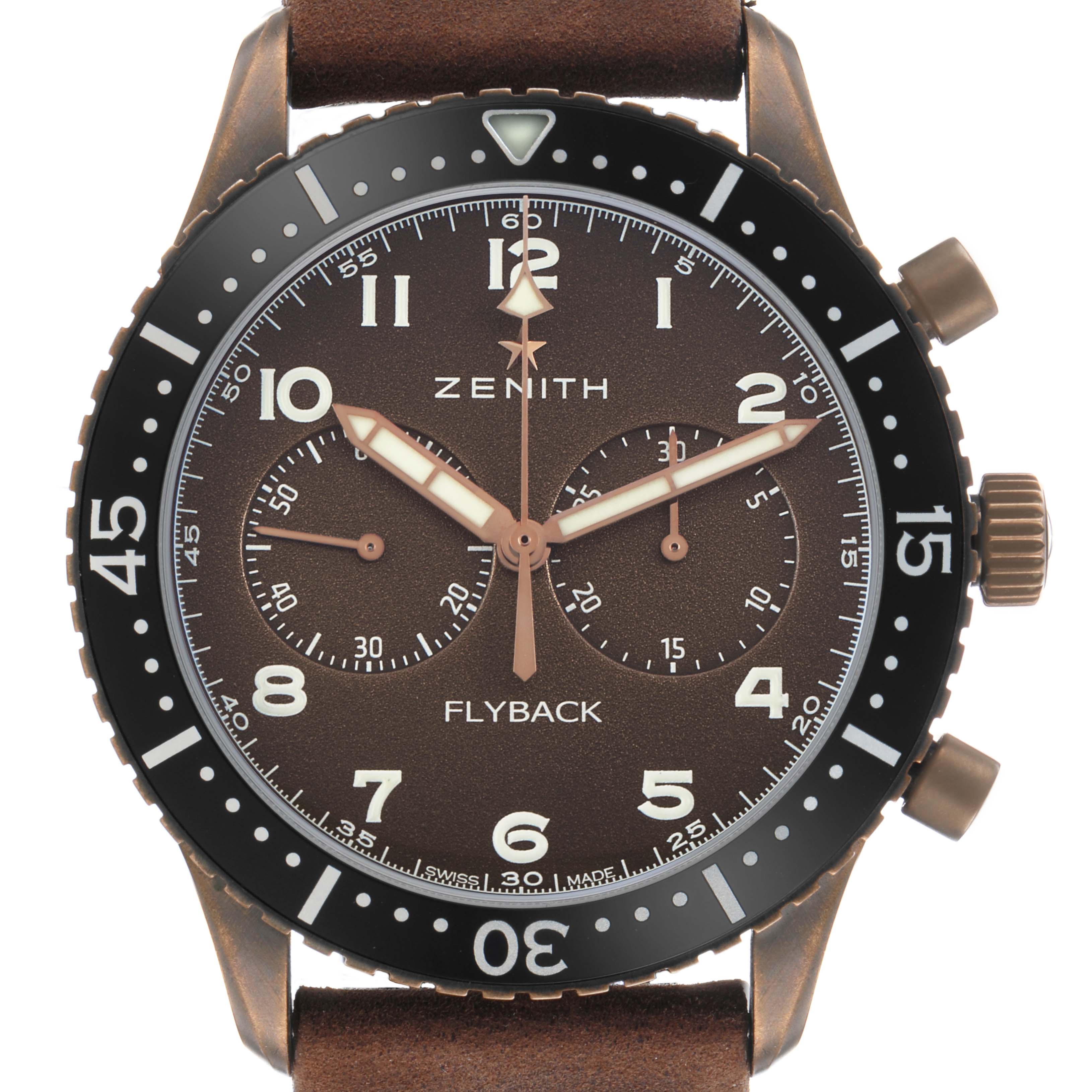 The Zenith Pilot 29.2240.405 Men's Bronze Brown Dial watch is shown from the front, displaying its dial, bezel, crown, and pushers.