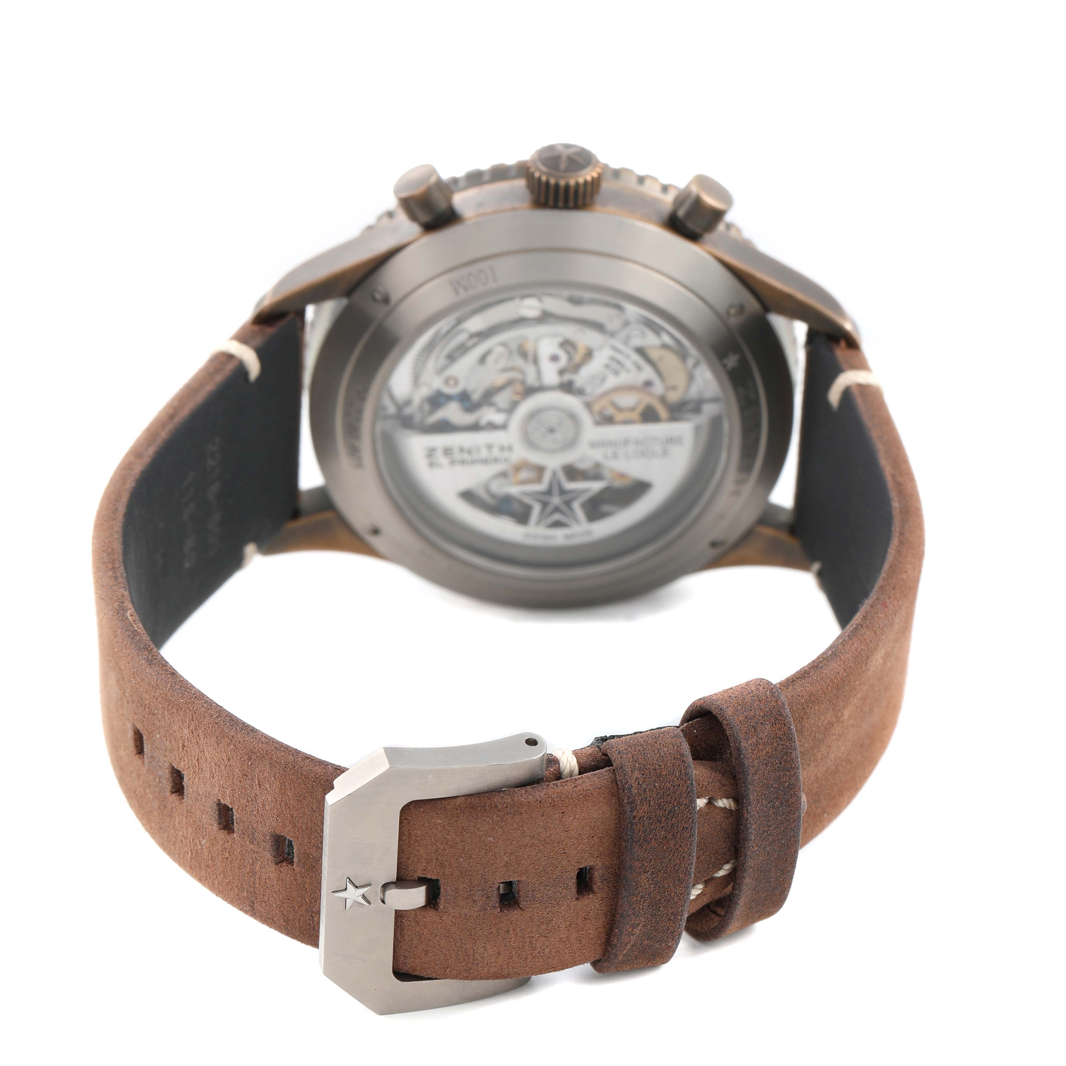 The Zenith Pilot 29.2240.405 Men's Bronze Brown Dial watch is shown from the back, featuring its open caseback and movement, with a brown leather strap.