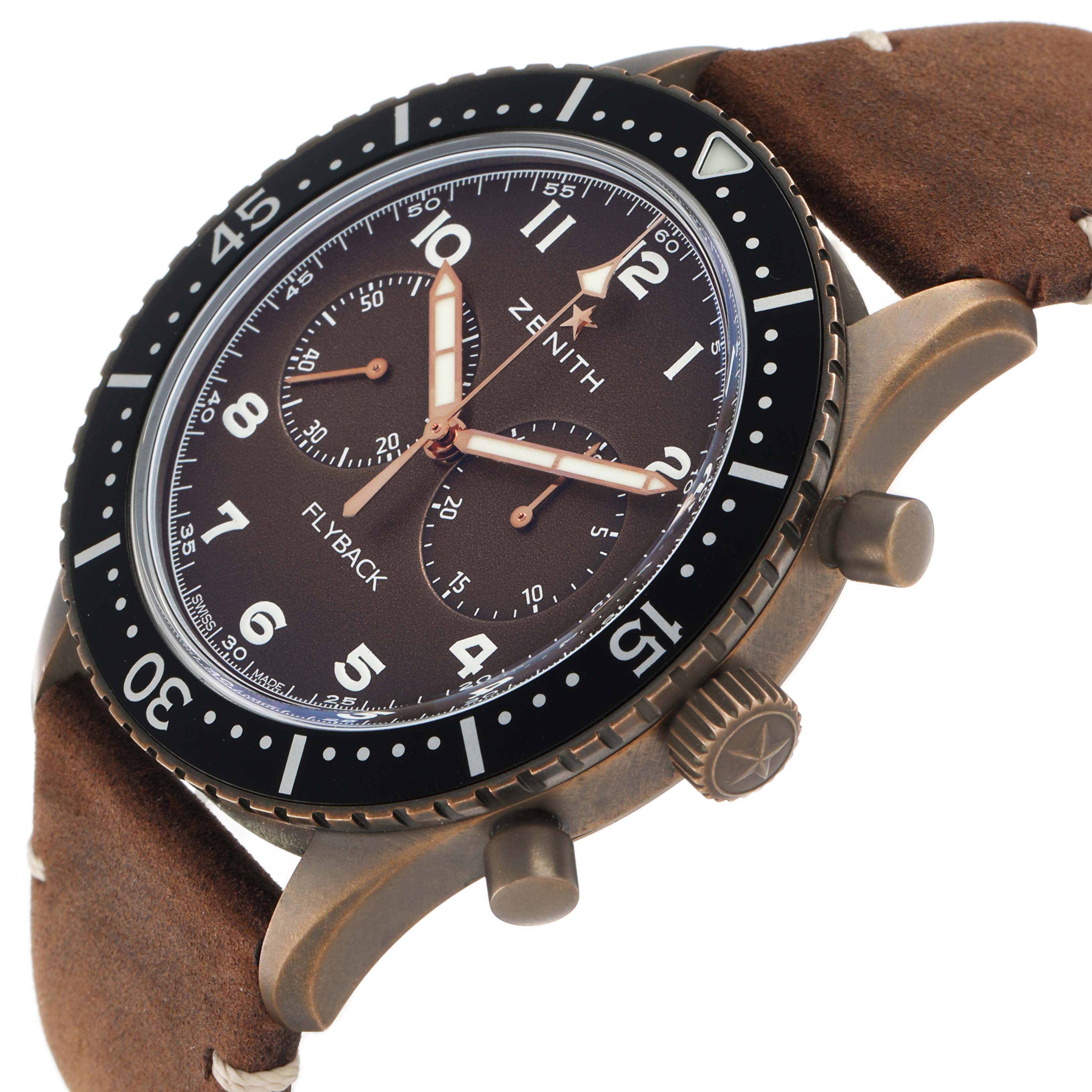The Zenith Pilot 29.2240.405 Men's Bronze Brown Dial watch is shown from a side angle, highlighting the bezel, crown, pushers, and brown leather strap.