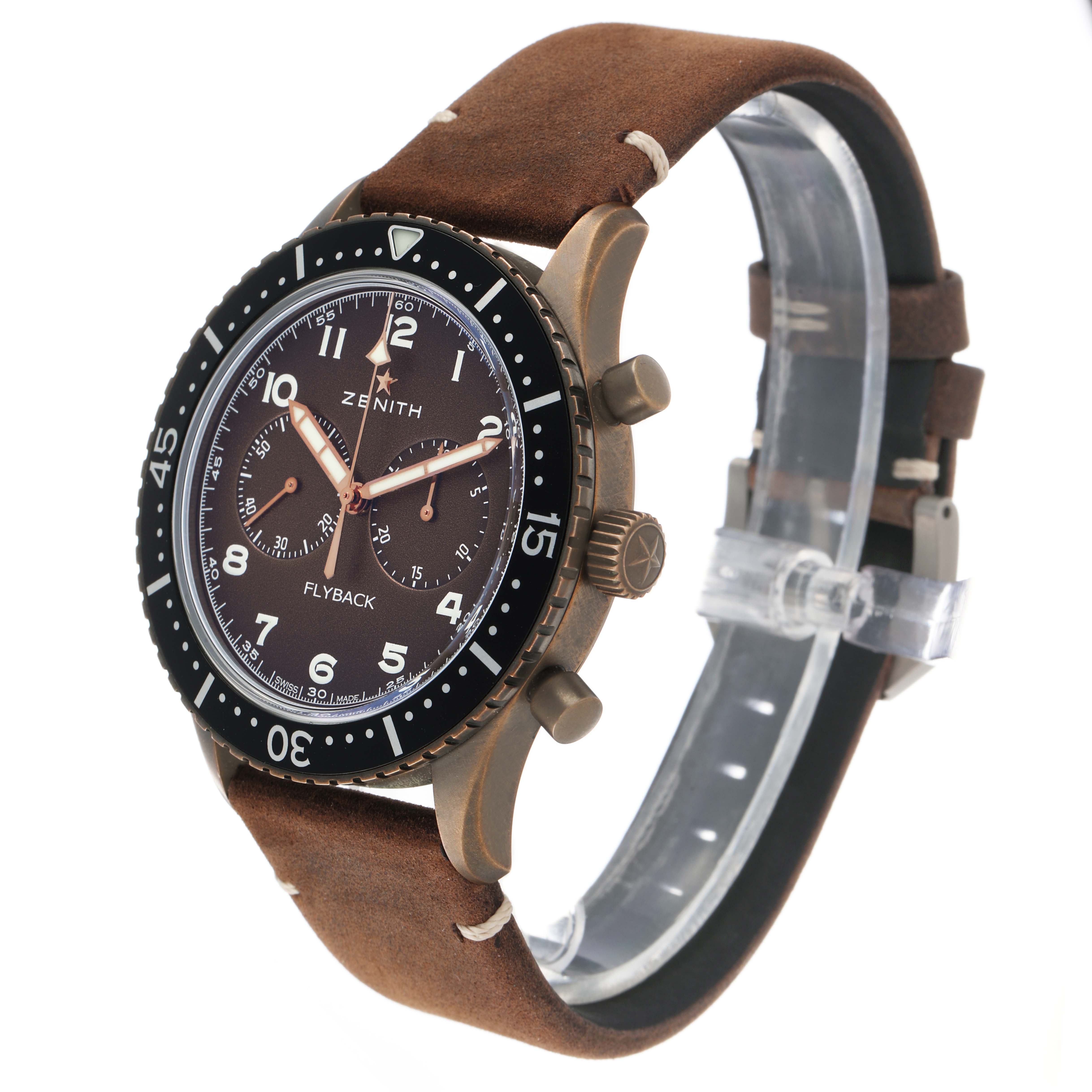 The Zenith Pilot 29.2240.405 Men's Bronze Brown Dial watch is shown at a three-quarter angle, displaying its full face, bezel, crown, and leather strap.
