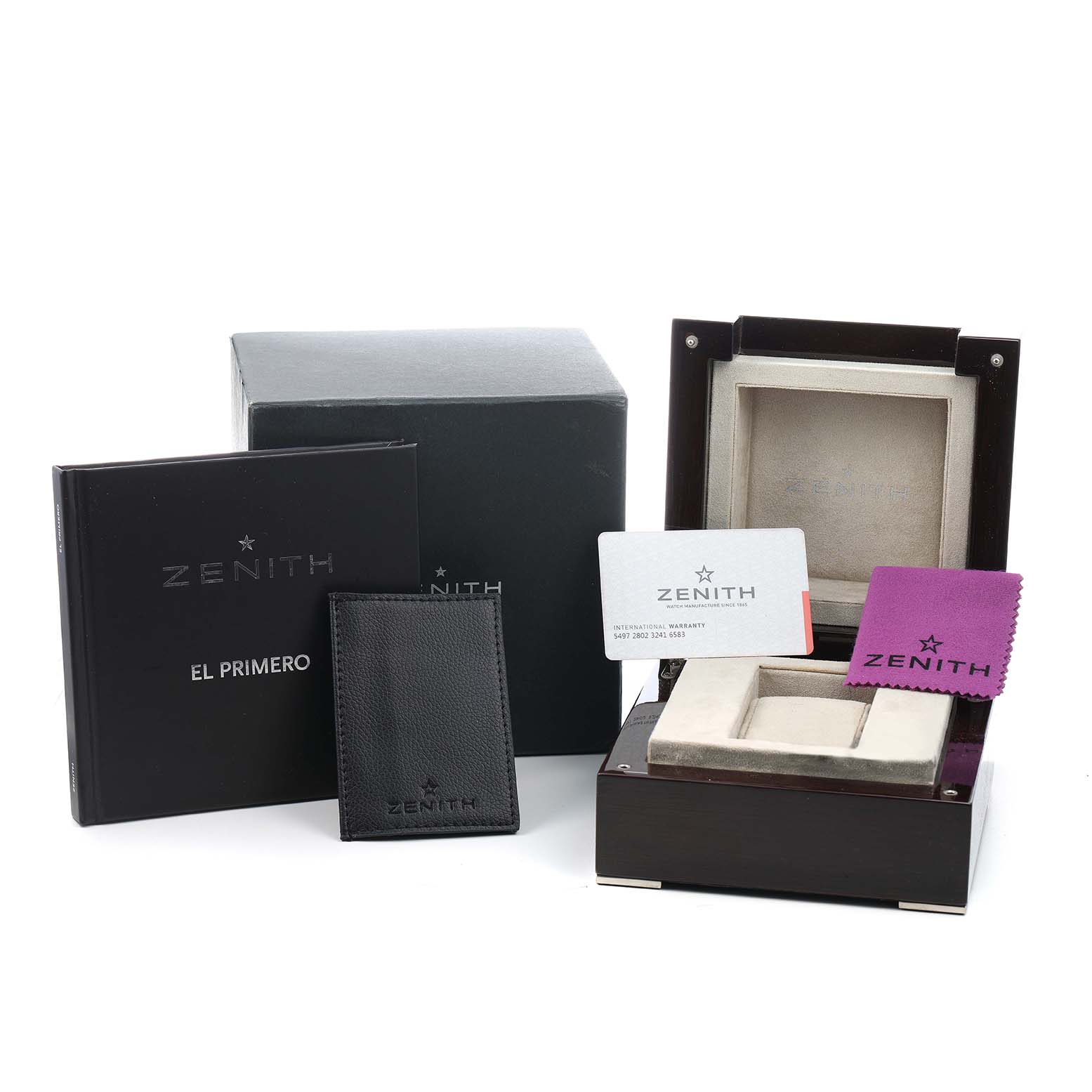 The image shows the packaging and accessories for the Zenith Pilot 29.2240.405 Men's Bronze Brown Dial model watch, including a box, booklet, warranty card, and cleaning cloth.