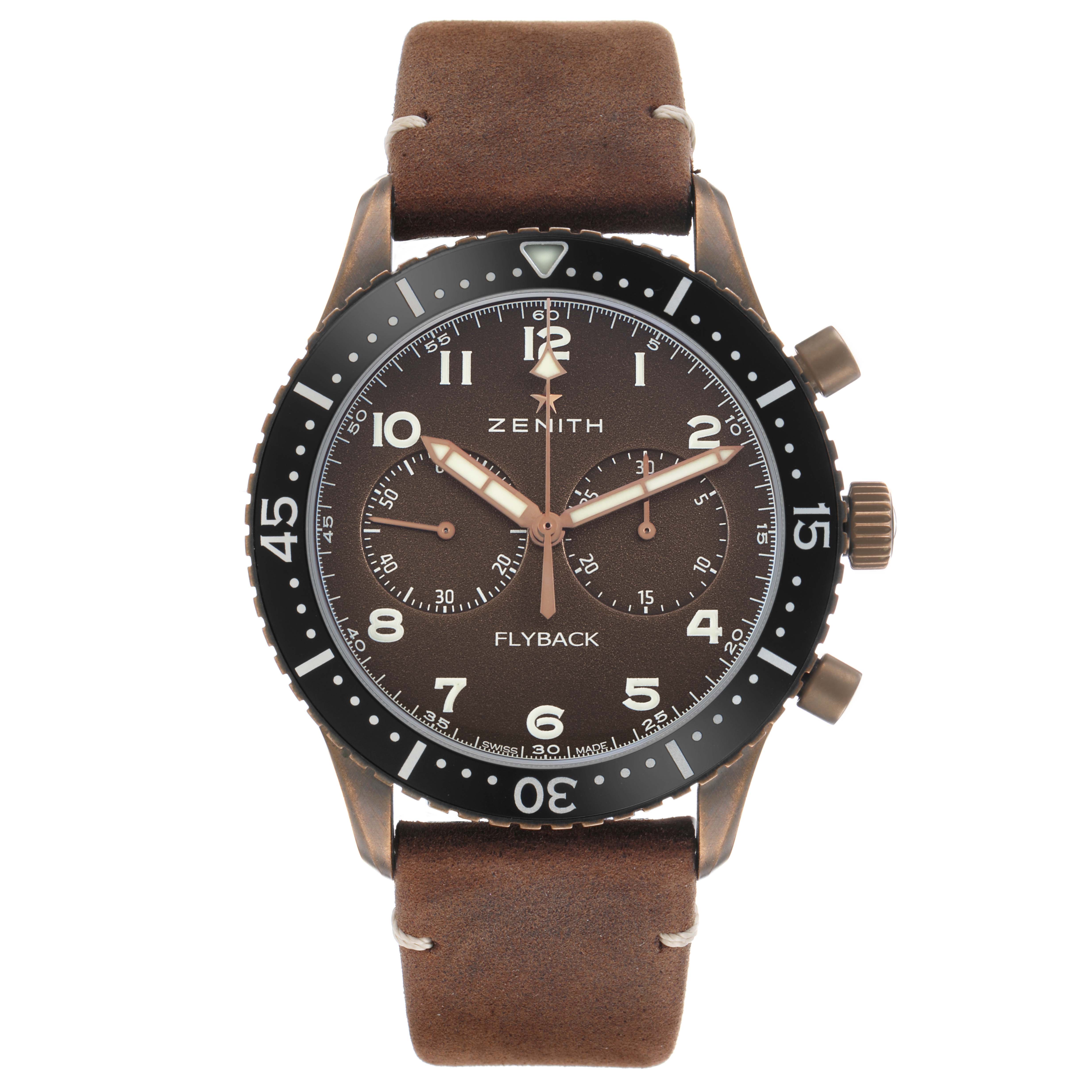 The Zenith Pilot 29.2240.405 Men's Bronze Brown Dial watch is shown from a top-down angle, displaying its brown leather strap, bezel, and dial with chronograph subdials.