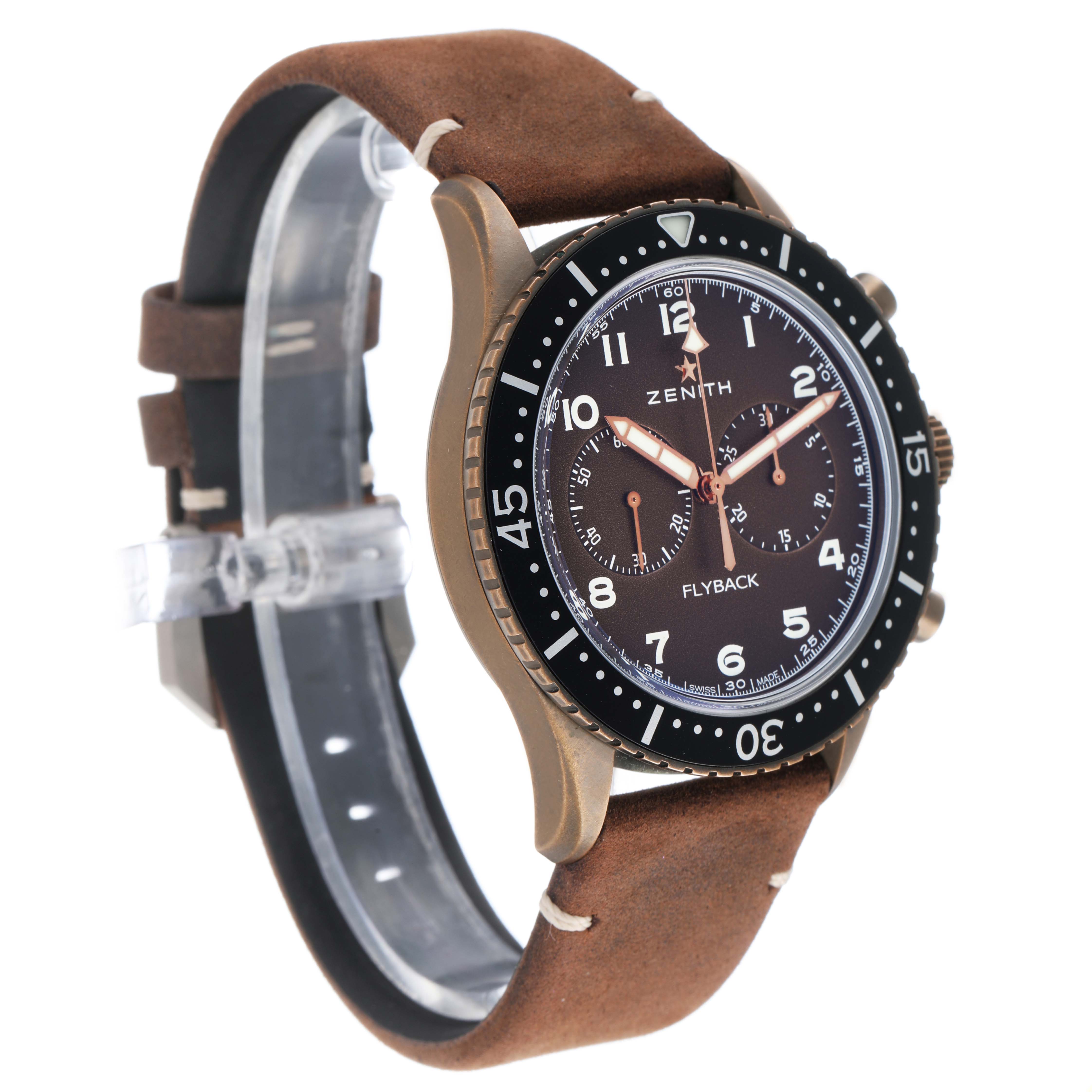 The Zenith Pilot 29.2240.405 Men's Bronze Brown Dial watch is shown at a slight angle, highlighting the face, bezel, and leather strap.
