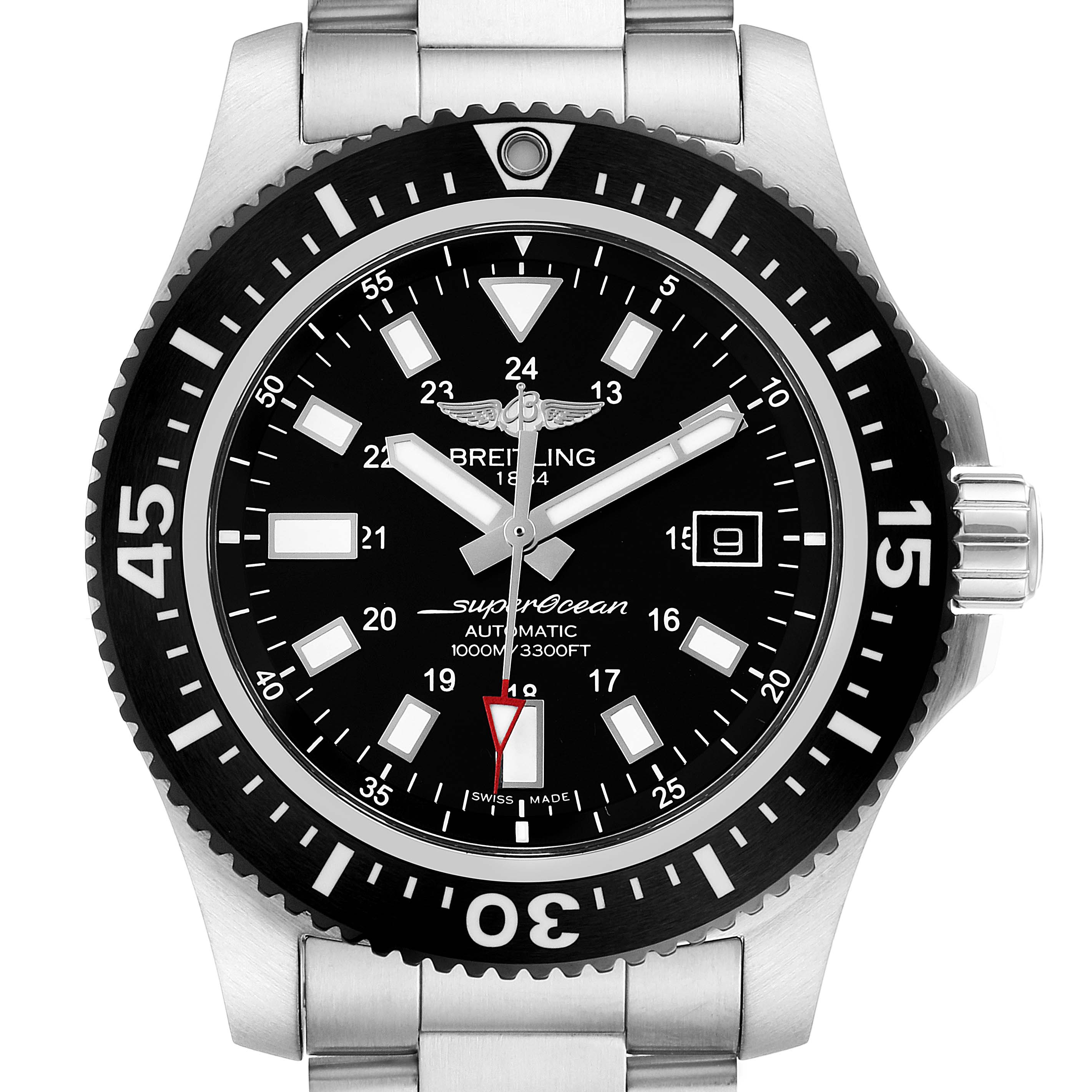 The image shows a Breitling Superocean Y17393 Men's Stainless Steel Black Dial Y17393 Men's Stainless Steel Black Dial model watch from a top-front angle, highlighting the dial, bezel, and part of the bracelet.