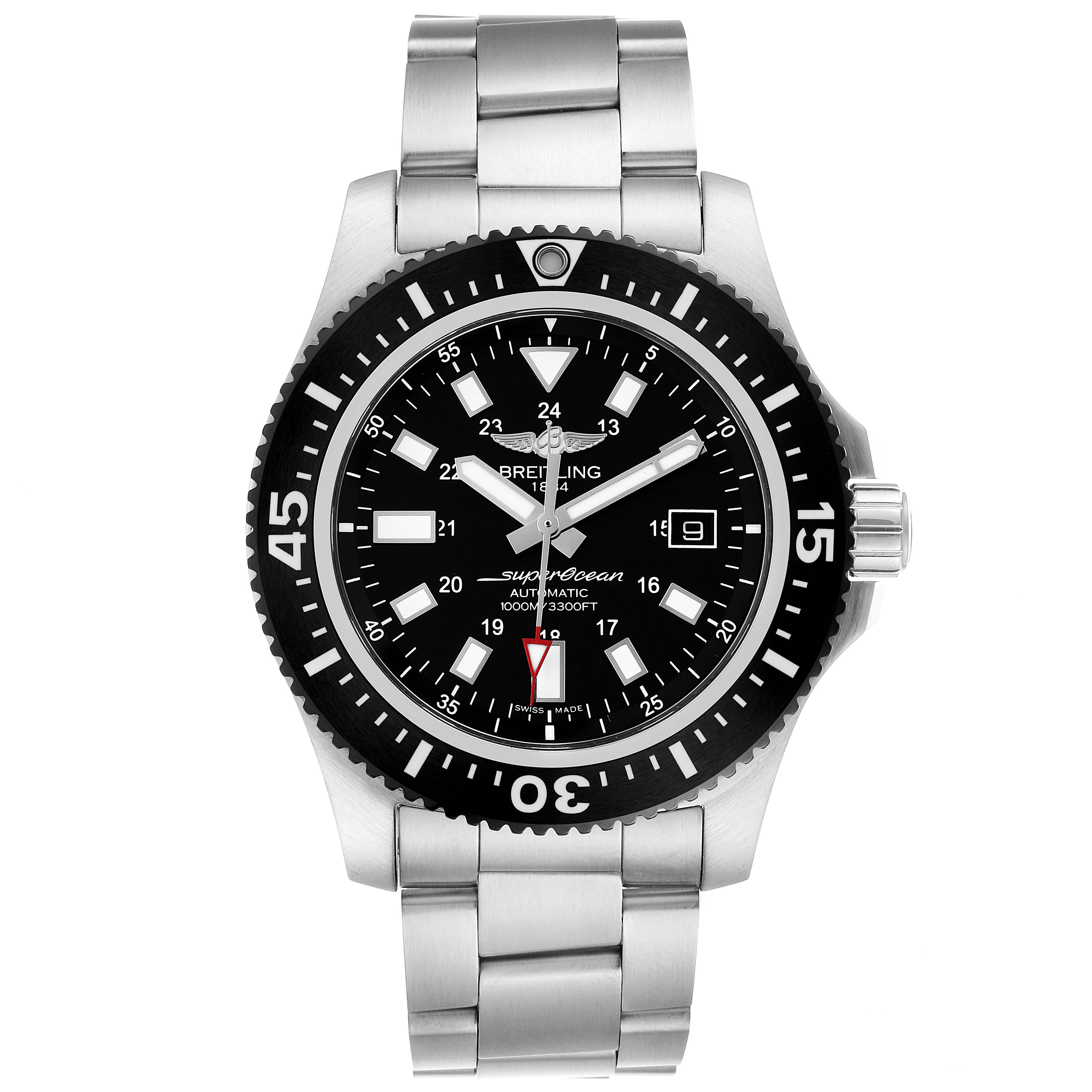 This image shows a frontal view of the Breitling Superocean Y17393 Men's Stainless Steel Black Dial Y17393 Men's Stainless Steel Black Dial watch, displaying its face, bezel, crown, and bracelet.