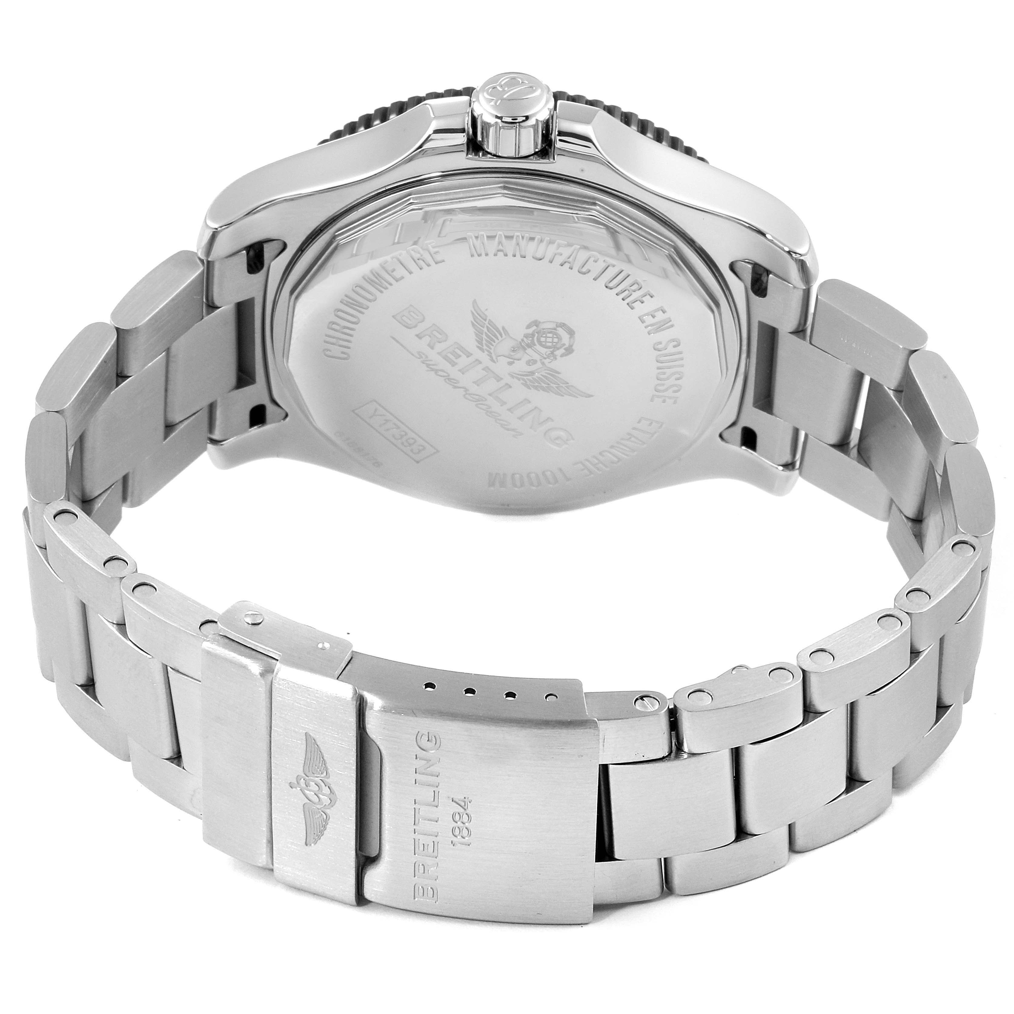 The image shows the back and bracelet of a Breitling Superocean Y17393 Men's Stainless Steel Black Dial Y17393 Men's Stainless Steel Black Dial watch, highlighting its engraved case back and clasp details.