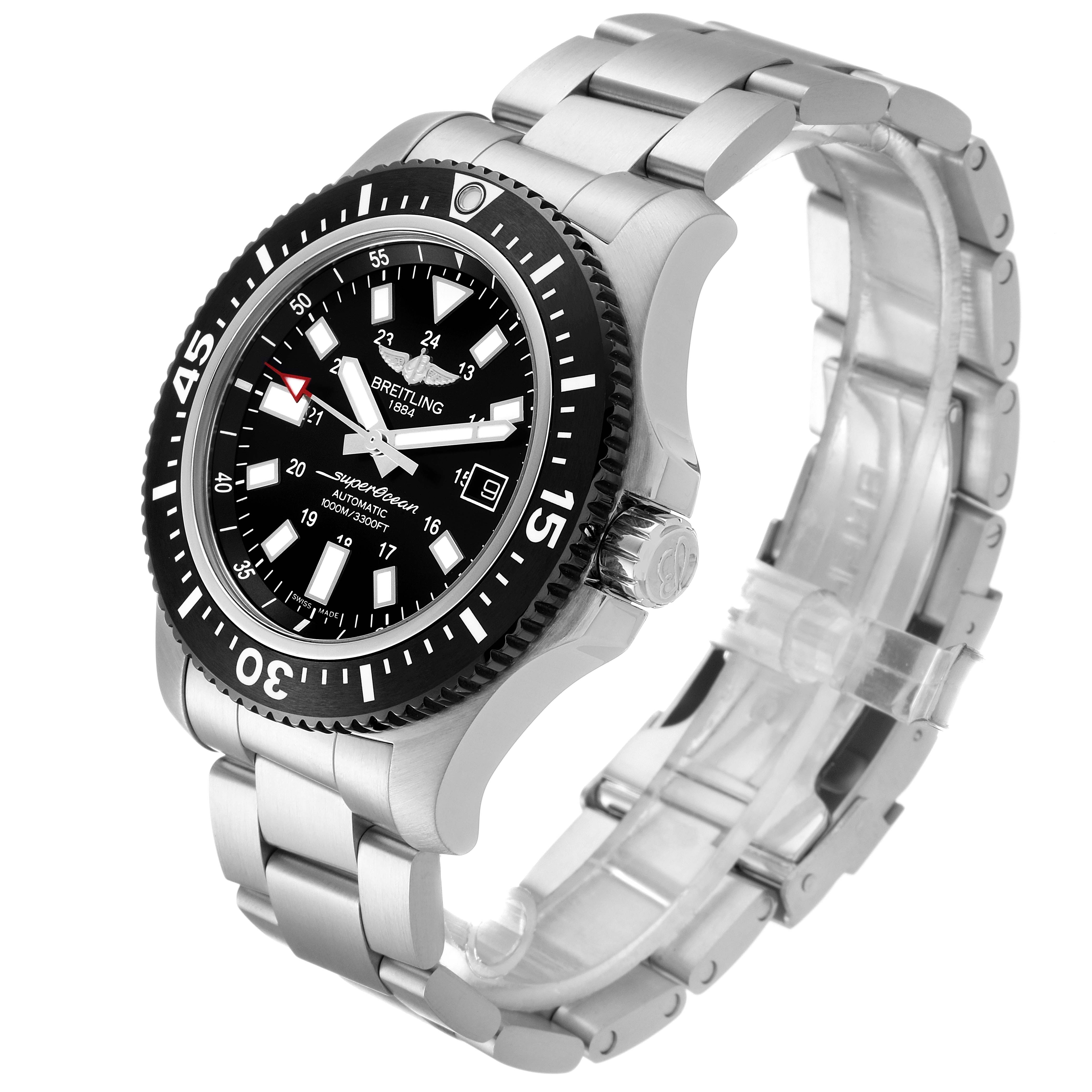The Breitling Superocean Y17393 Men's Stainless Steel Black Dial Y17393 Men's Stainless Steel Black Dial watch is shown at an angle displaying the face, bezel, and part of the stainless steel bracelet.