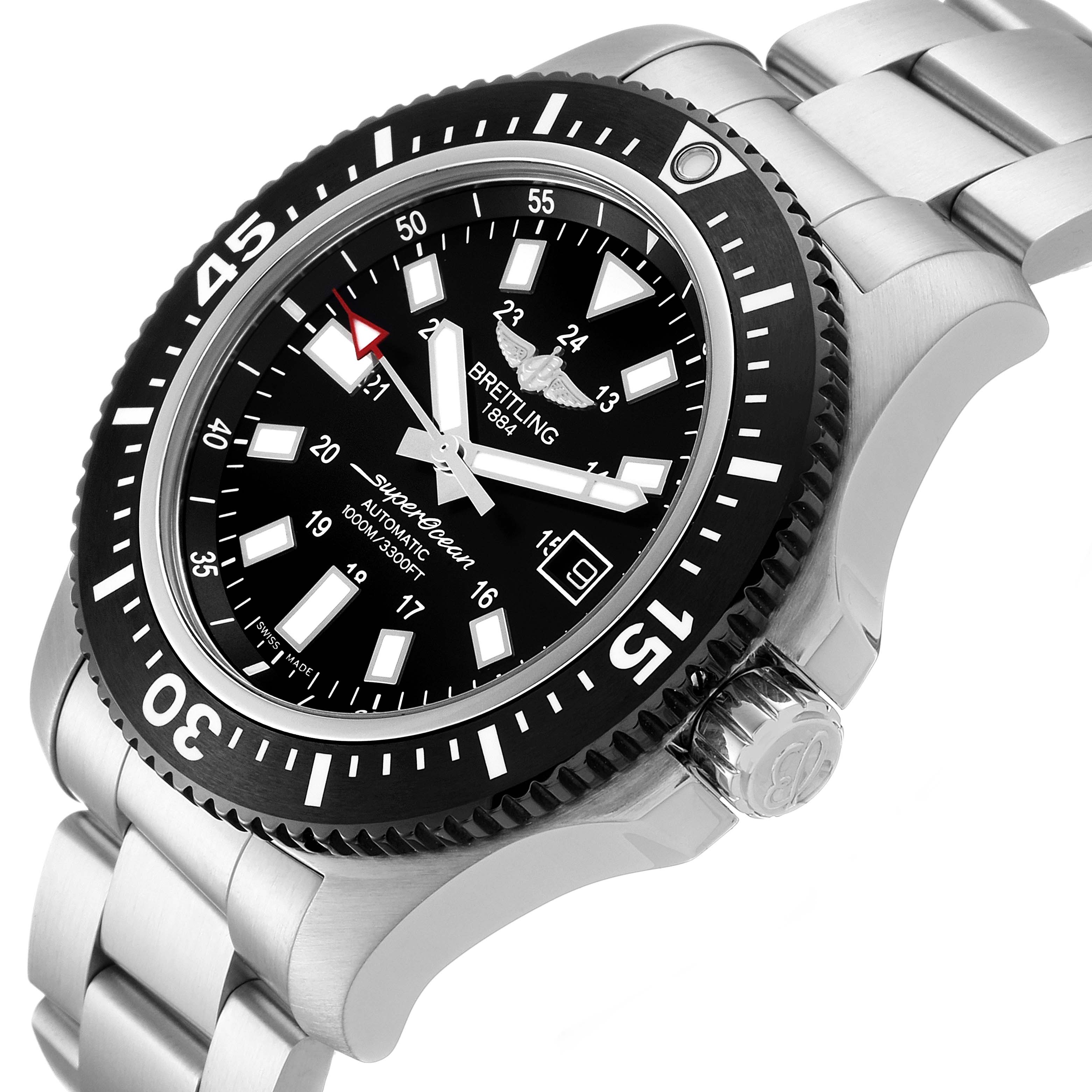 The image shows the Breitling Superocean Y17393 Men's Stainless Steel Black Dial Y17393 Men's Stainless Steel Black Dial watch at an angled view highlighting its bezel, dial, crown, and stainless steel bracelet.