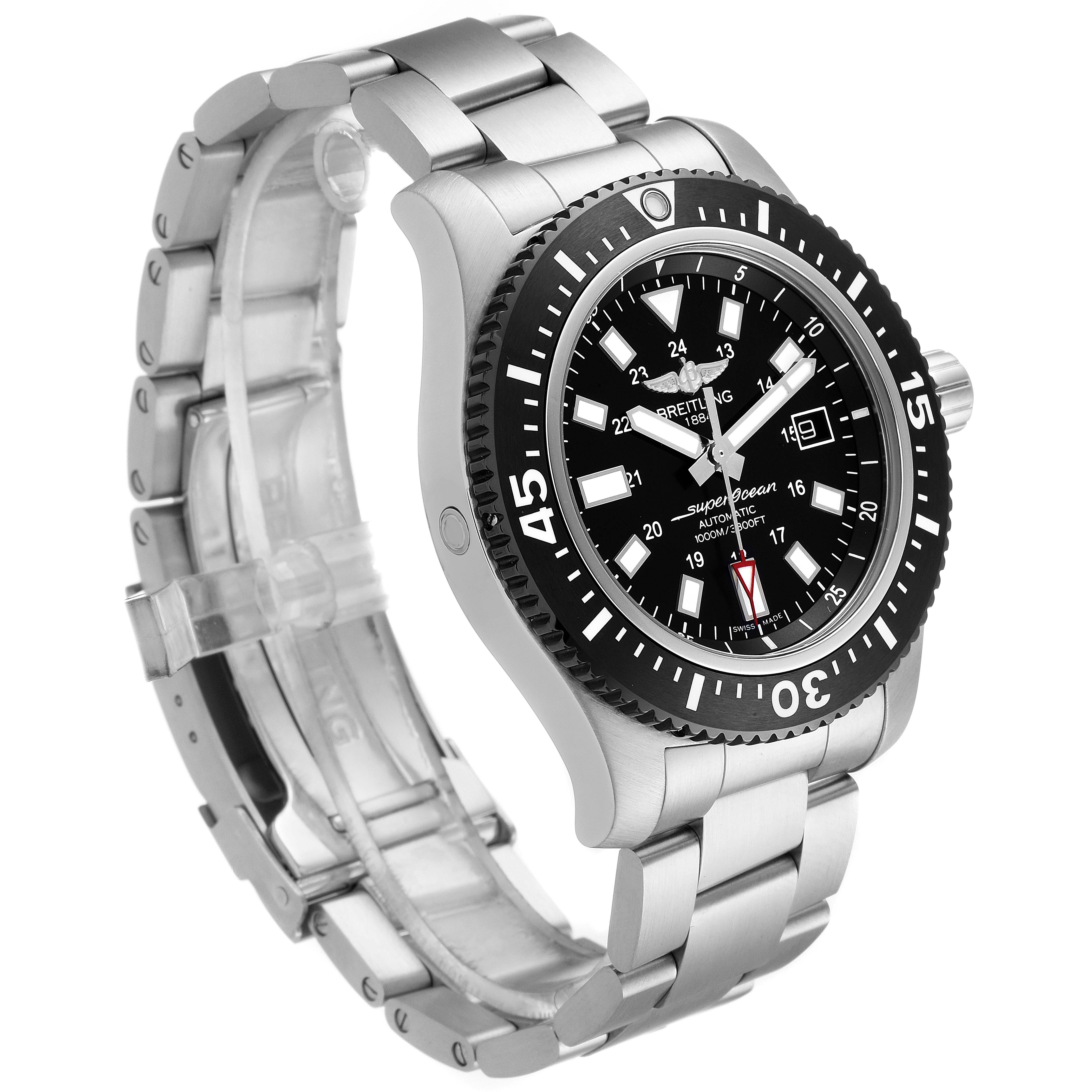 This Breitling Superocean Y17393 Men's Stainless Steel Black Dial Y17393 Men's Stainless Steel Black Dial watch is shown at an angled side view, highlighting the bezel, face, and stainless steel bracelet.