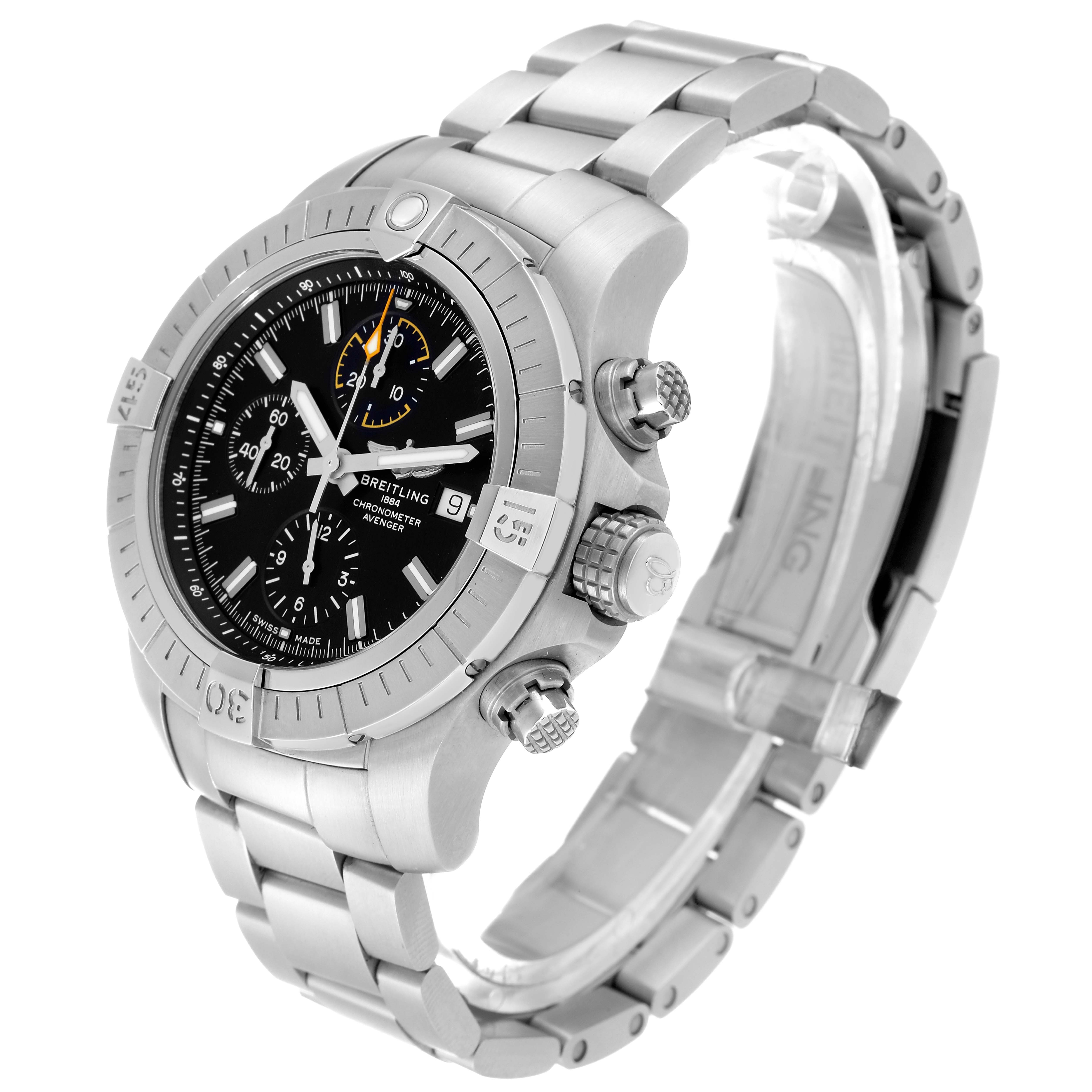 The Breitling Avenger A13317101B1X1 Men's Stainless Steel Black Dial A13317101B1X1 Men's Stainless Steel Black Dial watch is shown from a three-quarter angle, highlighting the dial, bezel, crown, and bracelet.