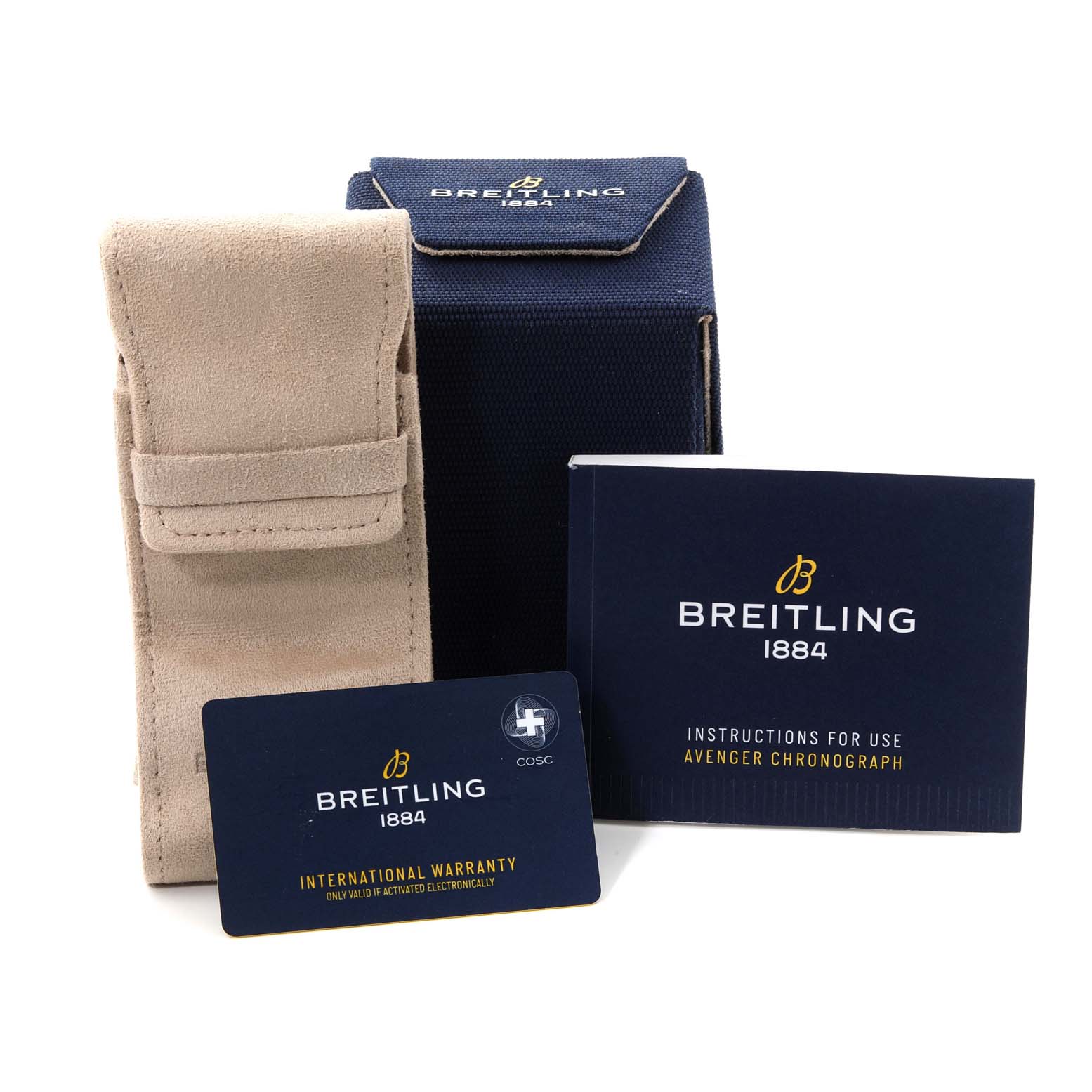 The image shows the Breitling Avenger A13317101B1X1 Men's Stainless Steel Black Dial A13317101B1X1 Men's Stainless Steel Black Dial model's accessories, including a suede pouch, box, warranty card, and instruction booklet.