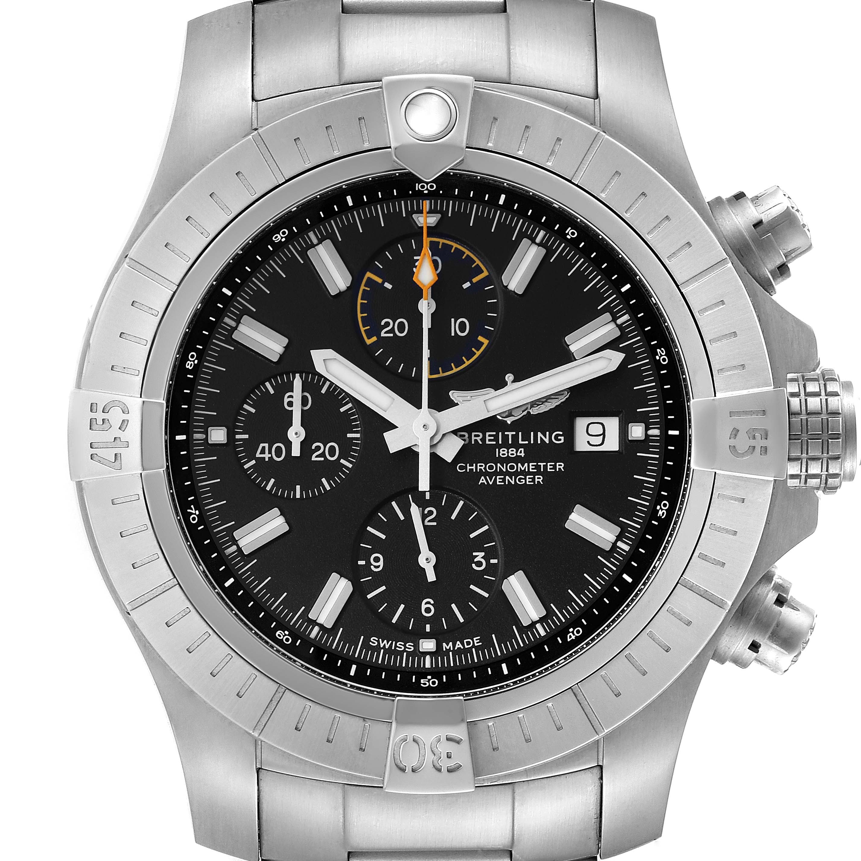 The Breitling Avenger A13317101B1X1 Men's Stainless Steel Black Dial A13317101B1X1 Men's Stainless Steel Black Dial watch is shown from a front view, highlighting the bezel, dial, subdials, crown, and pushers.