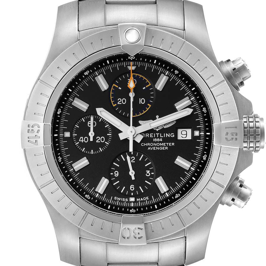 The Breitling Avenger watch is shown from a front view, highlighting the bezel, dial, subdials, crown, and pushers.