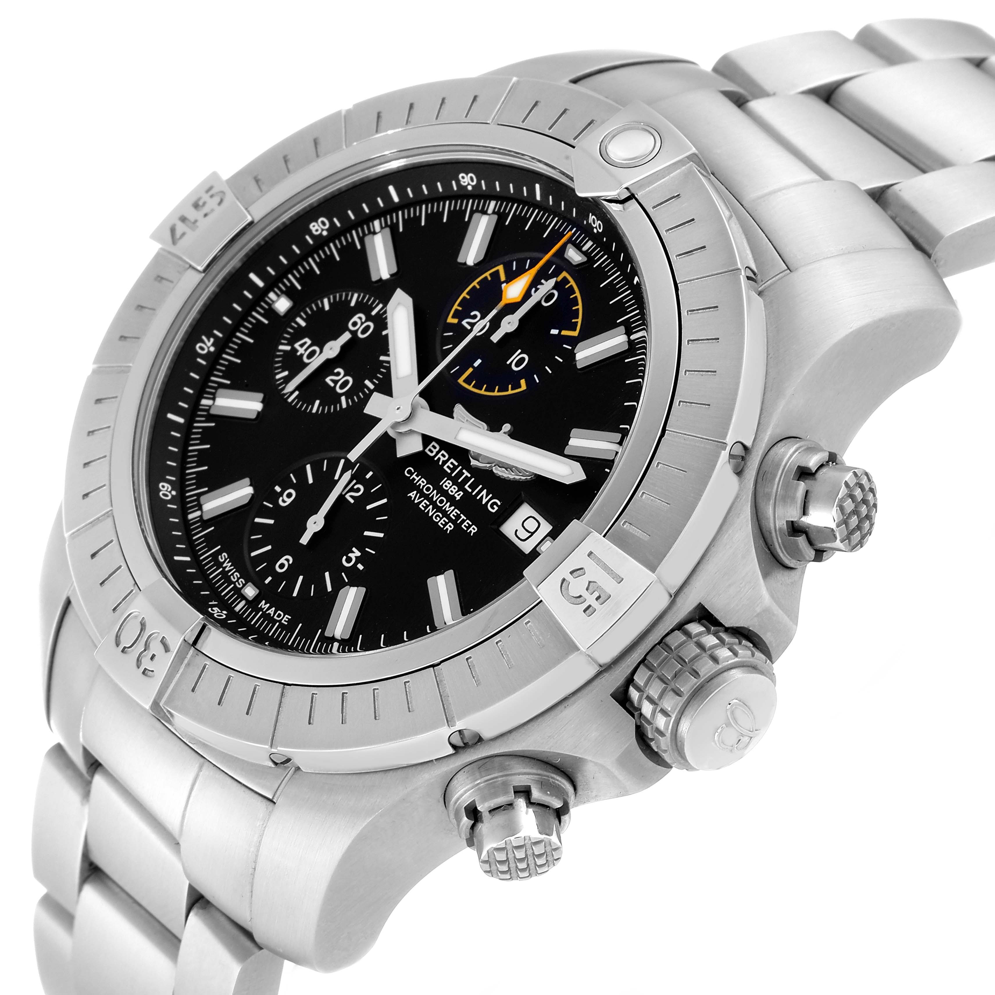 The Breitling Avenger A13317101B1X1 Men's Stainless Steel Black Dial A13317101B1X1 Men's Stainless Steel Black Dial watch is shown at a three-quarter angle, highlighting the bezel, crown, subdials, and bracelet.